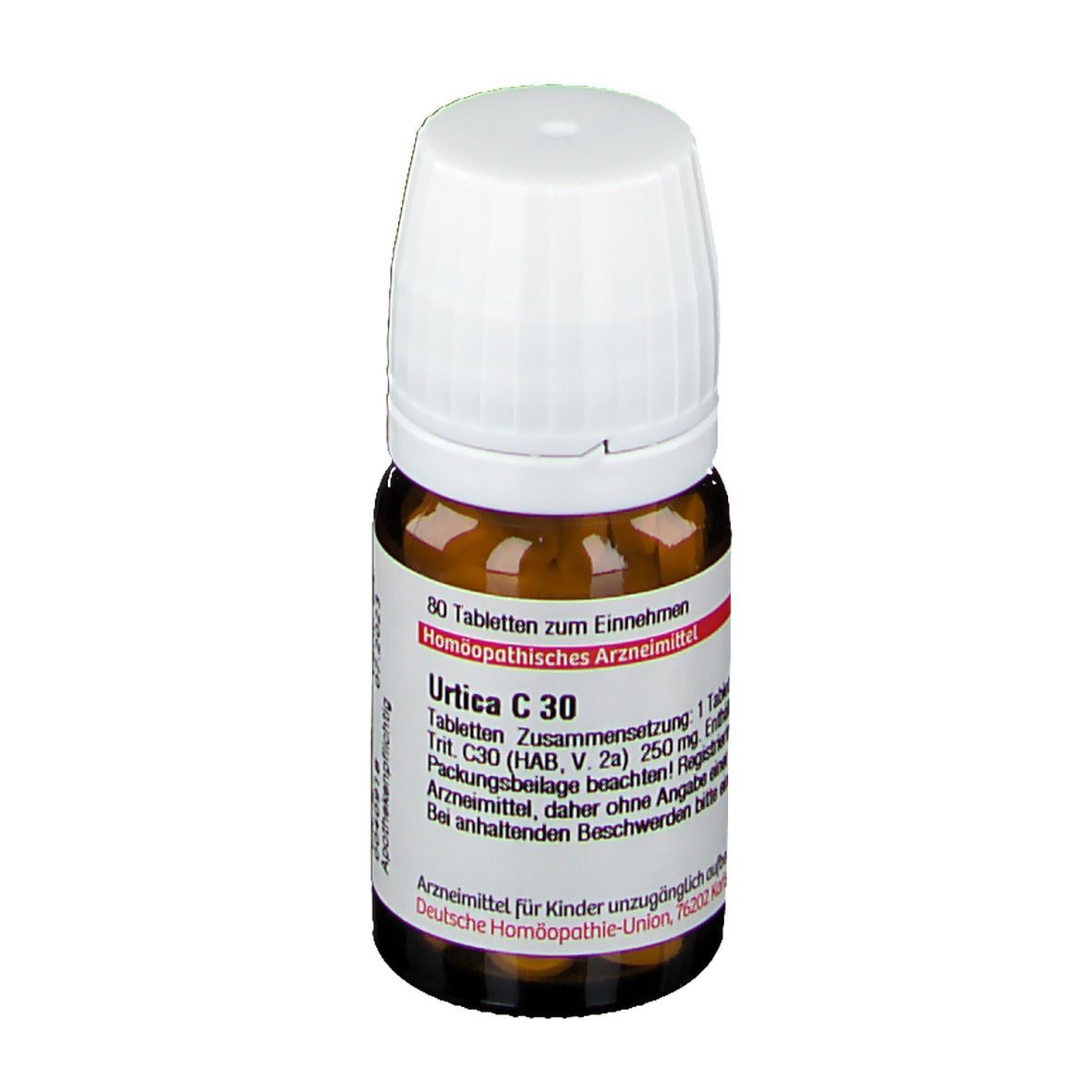 Braune Glasflasche mit weißem Deckel. Etikett mit Text: Urtica C 30, 80 Tabletten. Apothekenpflichtig.