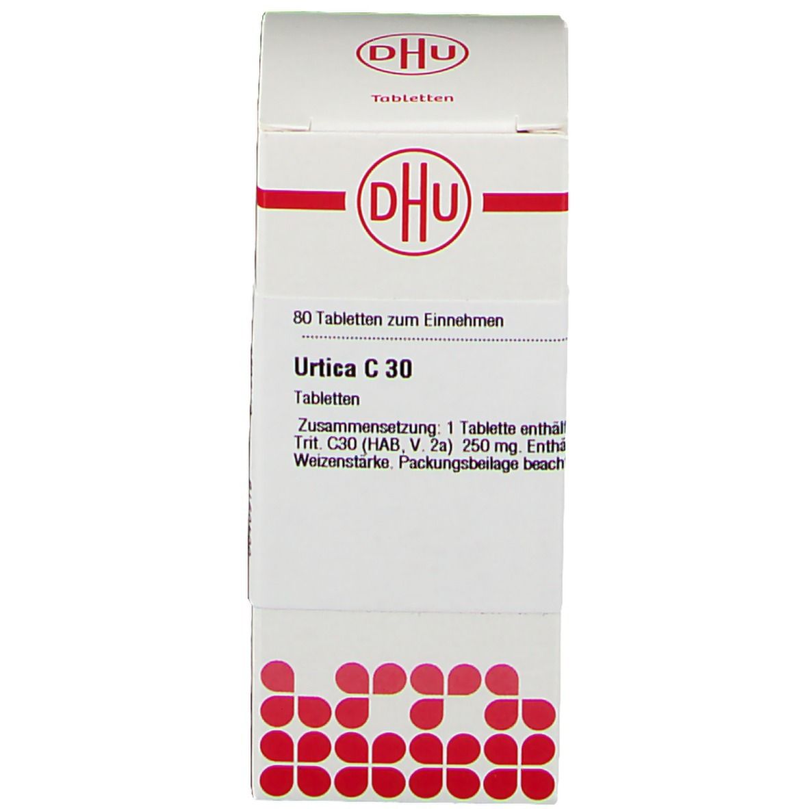 Produktverpackung. Karton mit DHU-Logo und Text: Urtica C 30, 80 Tabletten. Apothekenpflichtig.