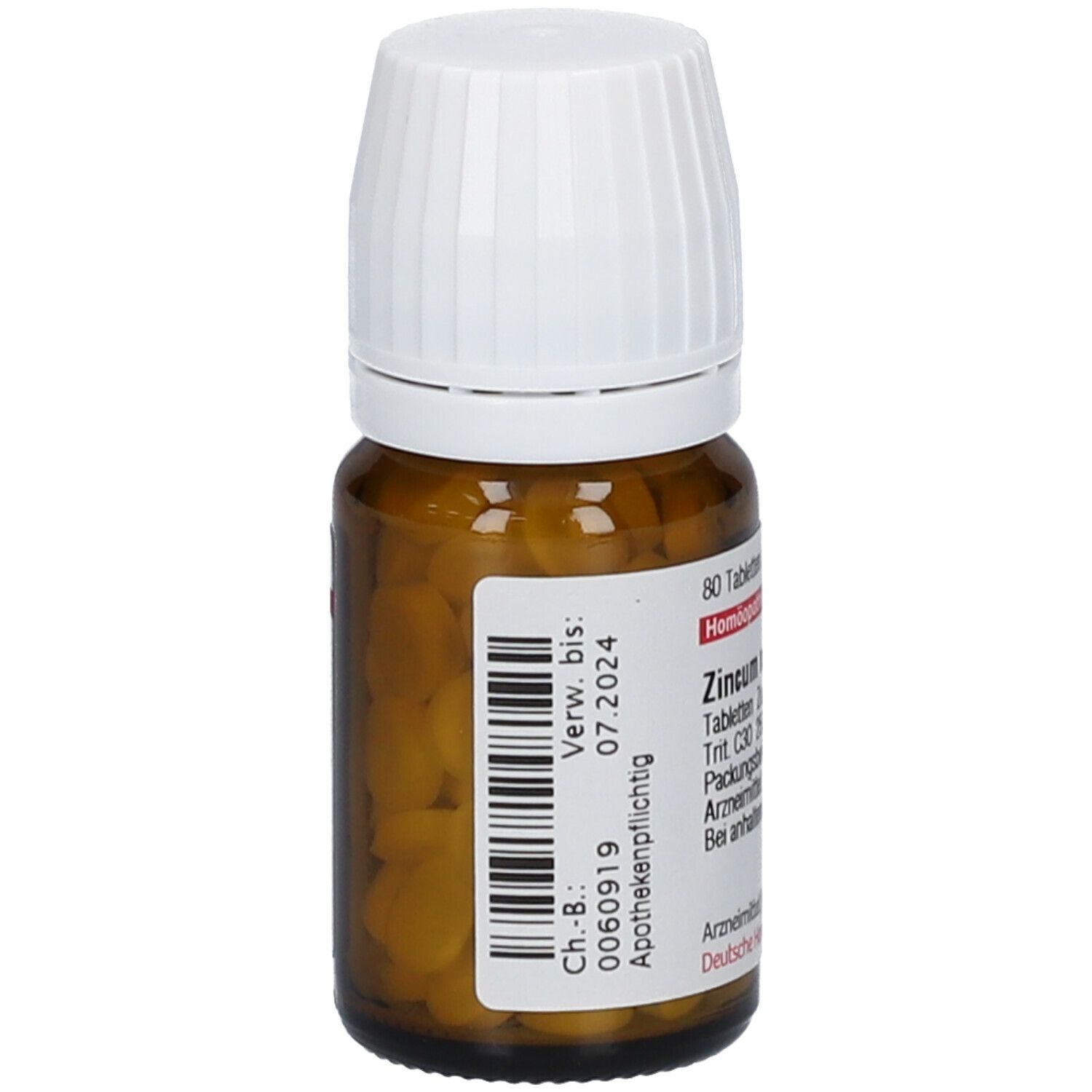 Braune Glasflasche mit weißem Deckel. Etikett mit Barcode und Verfallsdatum. Enthält Tabletten.