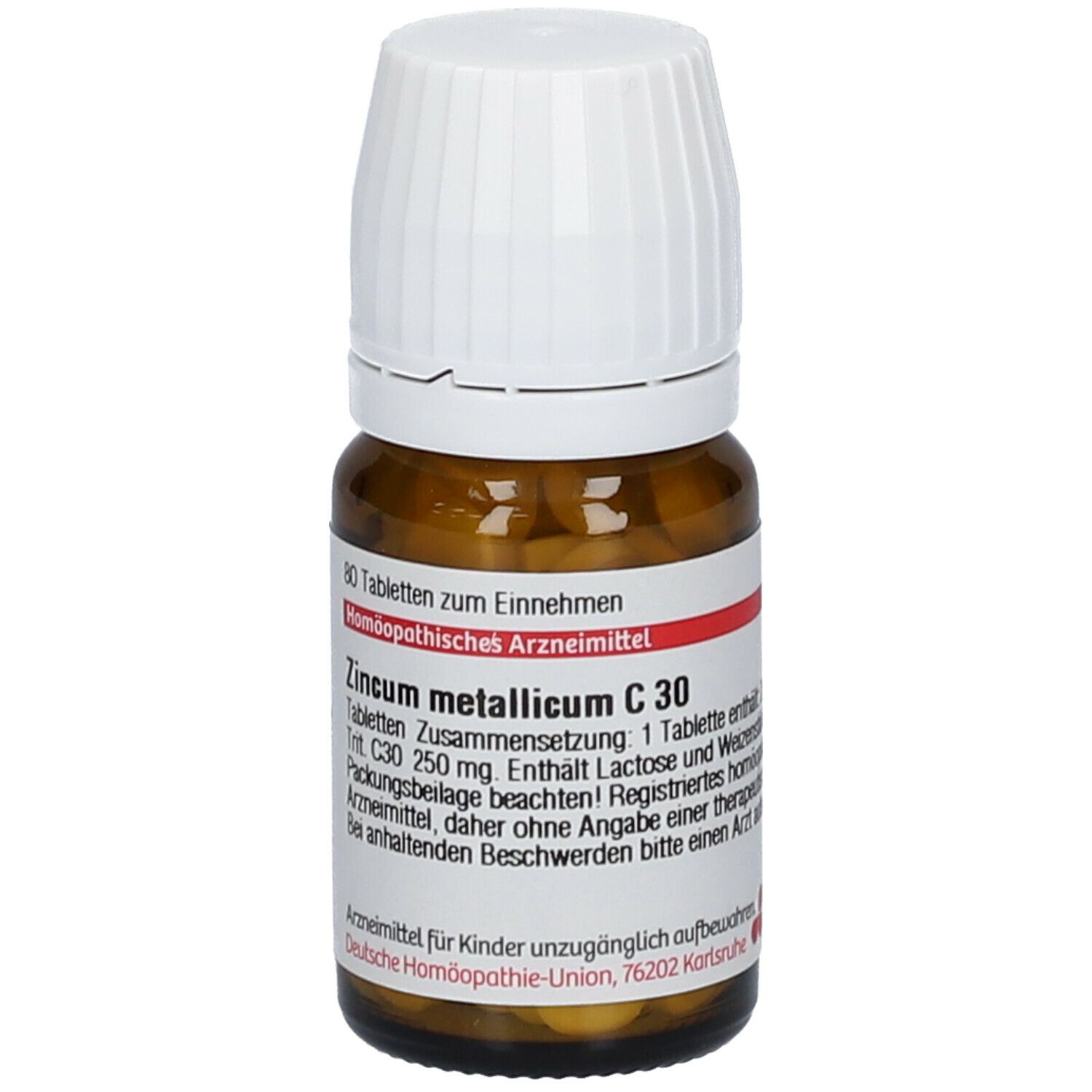 Braune Glasflasche mit weißem Deckel. Etikett mit Produktinformationen: DHU Zincum metallicum C30, 80 Tabletten.