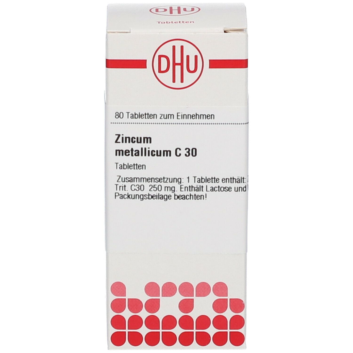 Weißer Karton mit Produktinformationen und DHU Logo. Enthält DHU Zincum metallicum C30, 80 Tabletten.