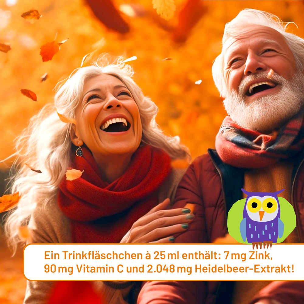 Älteres Ehepaar lacht. Text: Ein Trinkfläschchen enthält 7mg Zink, 90mg Vitamin C und 2.048mg Heidelbeer-Extrakt.