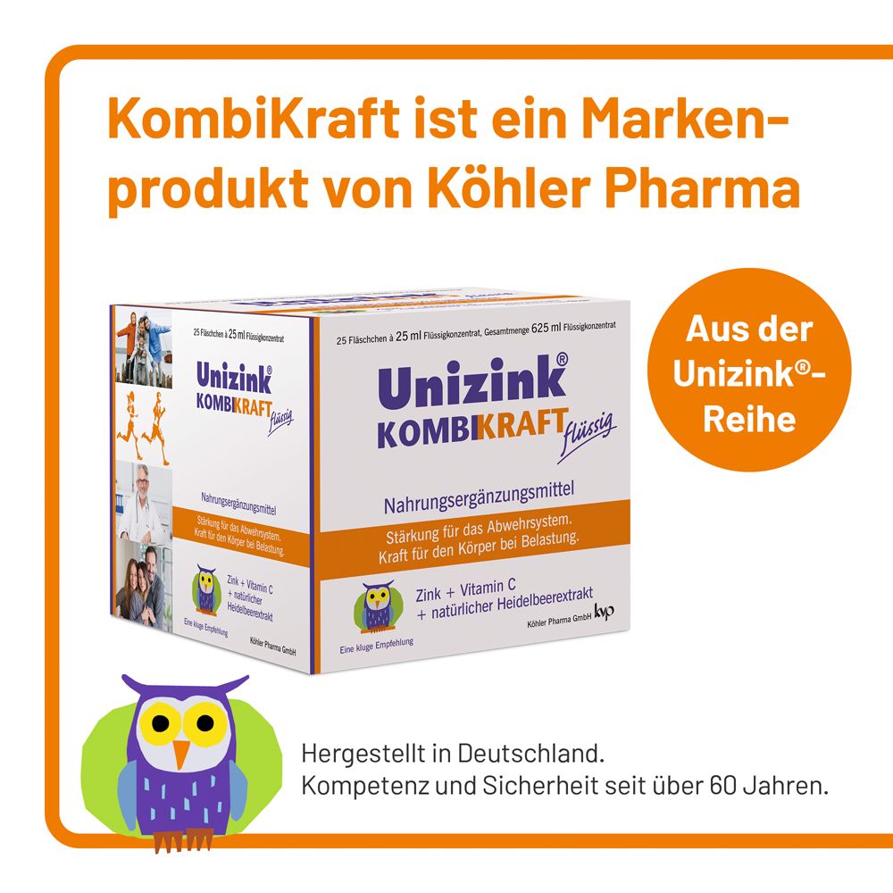 Karton von Unizink® KOMBIKRAFT flüssig. Text: KombiKraft ist ein Markenprodukt von Köhler Pharma. Aus der Unizink-Reihe.