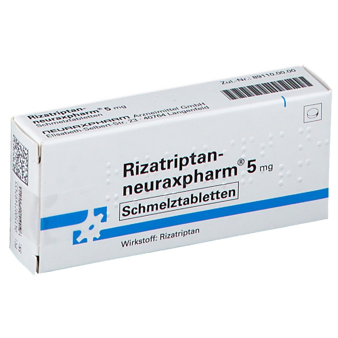 Schachtel mit "Rizatriptan-neuraxpharm 5 mg Schmelztabletten". Weiße Verpackung mit blauen Akzenten und Text.