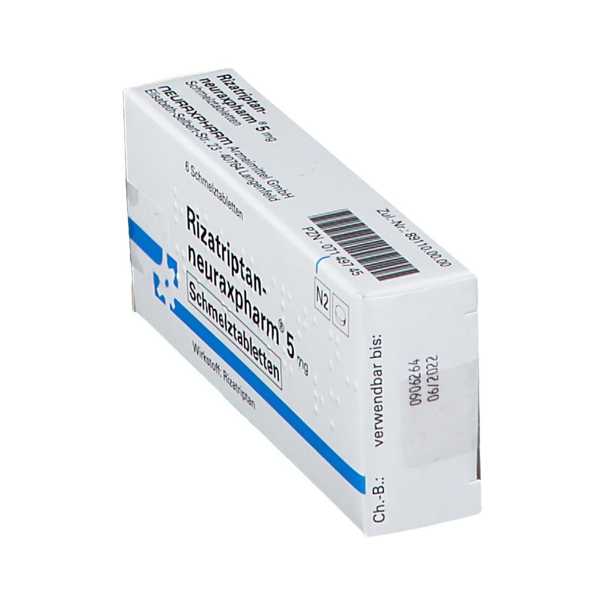 Schachtel mit blauer Schrift, schräg. Aufschrift: Rizatriptan-neuraxpharm 5 mg Schmelztabletten. Verfallsdatum: 06/2022.