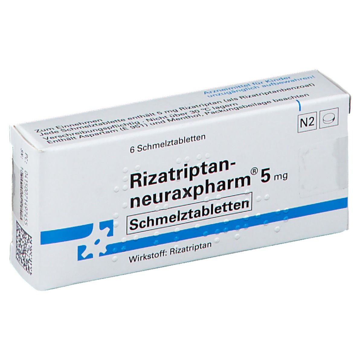 Weiße Schachtel mit blauer Schrift. Aufschrift: Rizatriptan-neuraxpharm 5 mg Schmelztabletten. Enthält 6 Tabletten.