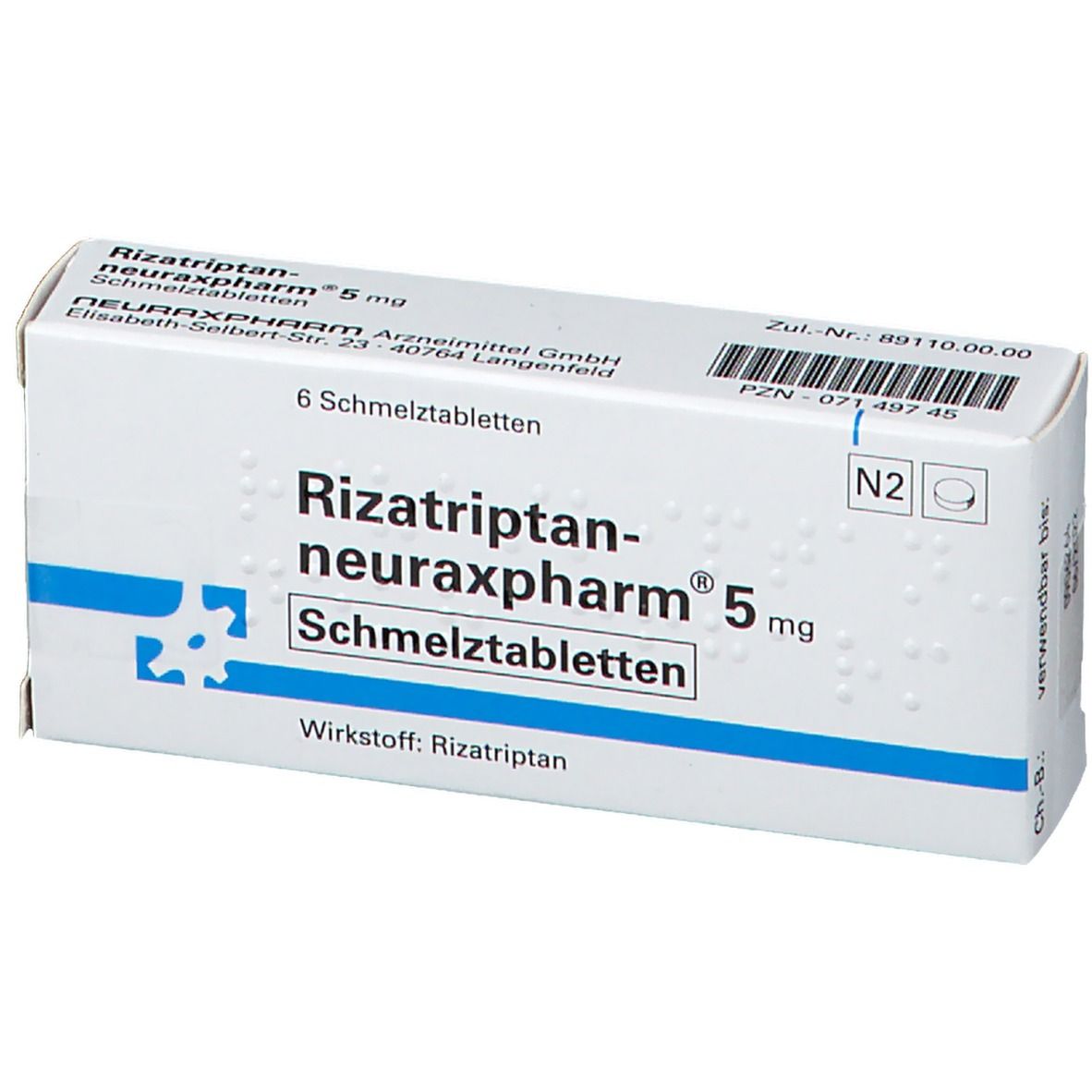 Weiße Schachtel mit blauer Schrift. Aufschrift: Rizatriptan-neuraxpharm 5 mg Schmelztabletten. Enthält 6 Tabletten.