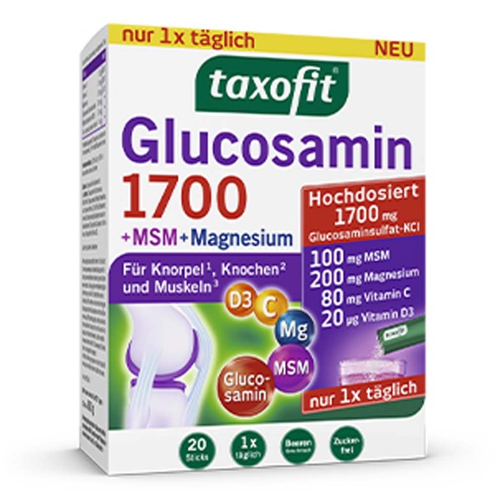 Schachtel taxofit Glucosamin 1700. Enthält 20 Sticks. Aufschrift: +MSM+Magnesium, 1700 mg Glucosamin.