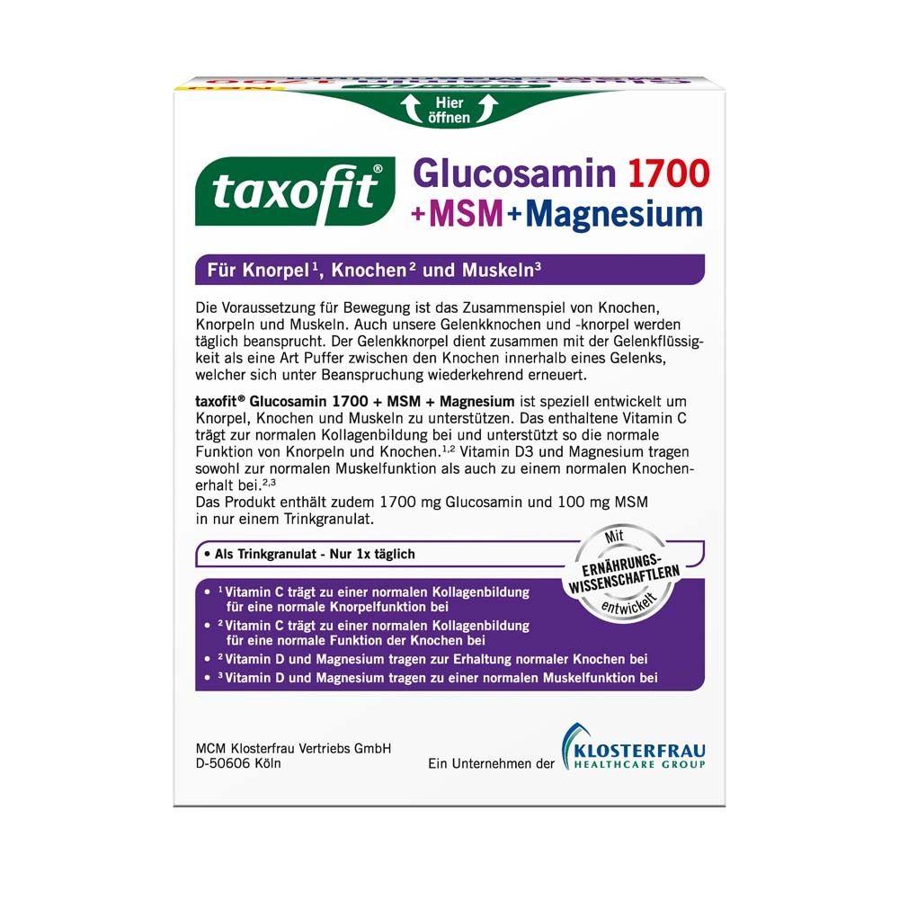 Rückseite der Schachtel taxofit Glucosamin 1700. Text über Inhaltsstoffe und Anwendung. Mit Ernährungs-Wissenschaftlern.