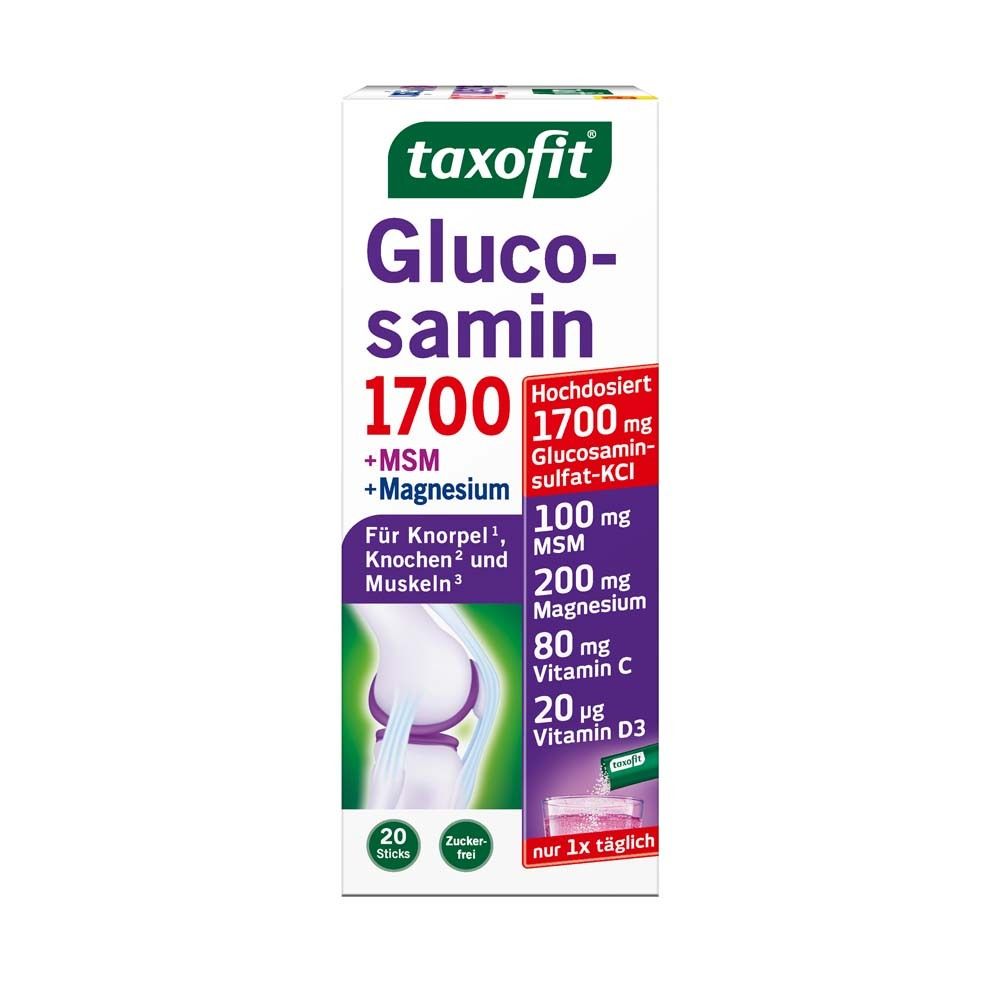 Schachtel taxofit Glucosamin 1700. Enthält 20 Sticks. Aufschrift: +MSM+Magnesium, 1700 mg Glucosamin.