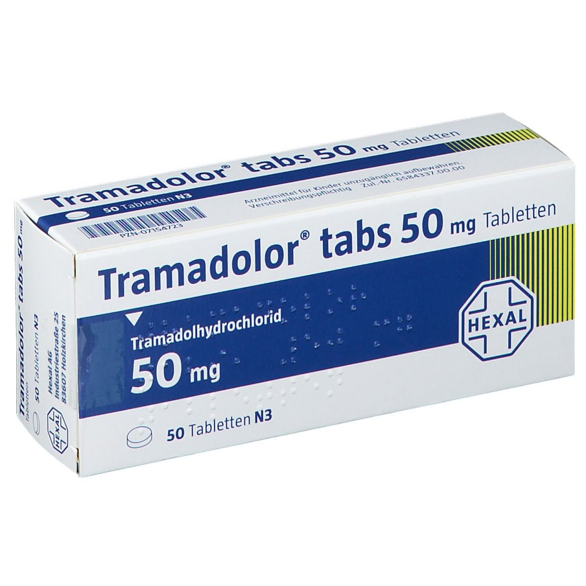 Schachtel mit Tramadolor tabs 50 mg Tabletten. Aufschrift: Tramadolhydrochlorid, 50 mg, 50 Tabletten N3. Hexal Logo.
