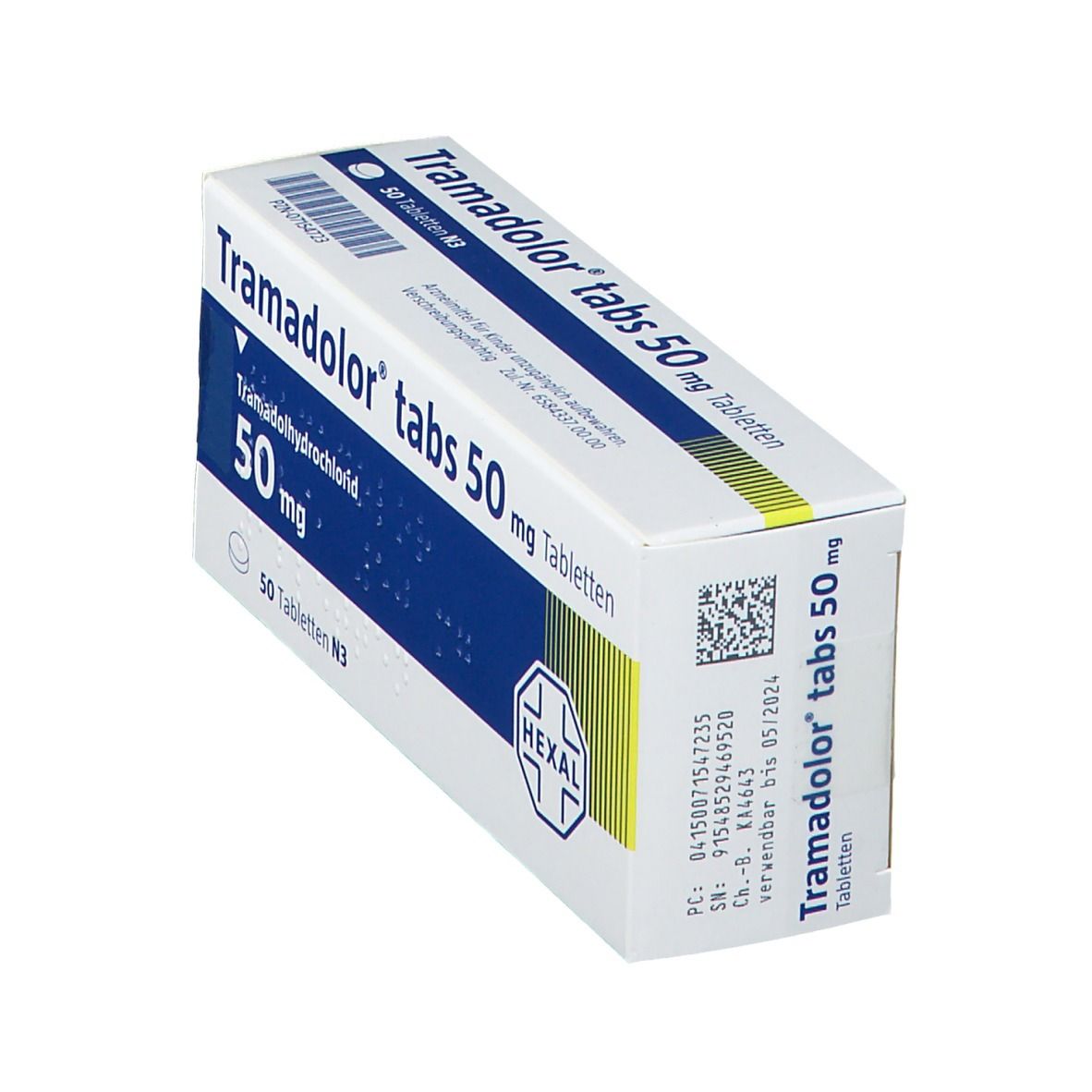 Schachtel mit Tramadolor tabs 50 mg Tabletten. Aufschrift: Tramadolhydrochlorid, 50 mg, 50 Tabletten N3. Hexal Logo. Seitenansicht.