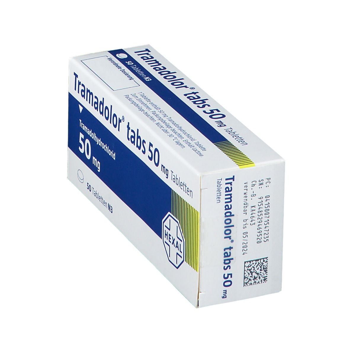 Schachtel mit Tramadolor tabs 50 mg Tabletten. Aufschrift: Tramadolhydrochlorid, 50 mg, 50 Tabletten N3. Hexal Logo. Seitenansicht.