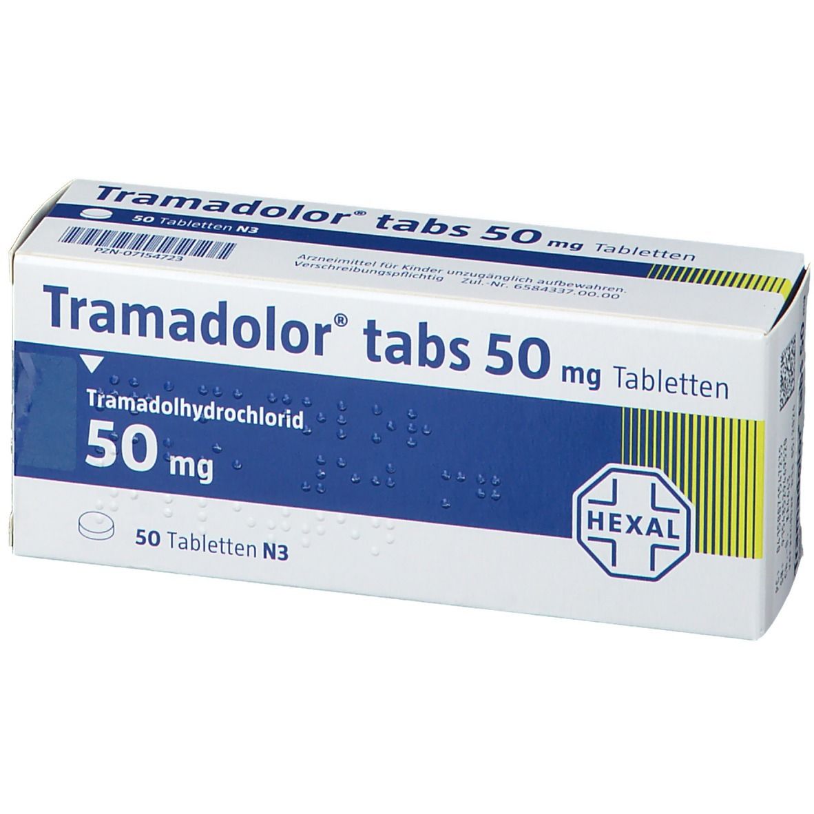Schachtel mit Tramadolor tabs 50 mg Tabletten. Aufschrift: Tramadolhydrochlorid, 50 mg, 50 Tabletten N3. Hexal Logo.