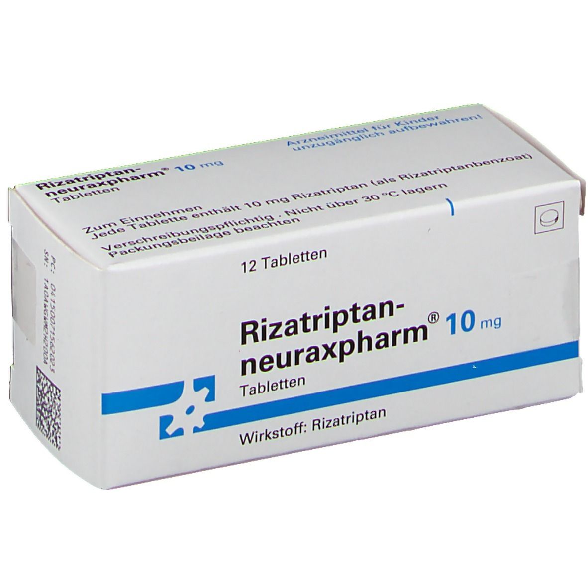 Weiße Schachtel mit blauer Schrift. Aufschrift: Rizatriptan-neuraxpharm 10 mg, 12 Tabletten. Wirkstoff: Rizatriptan.