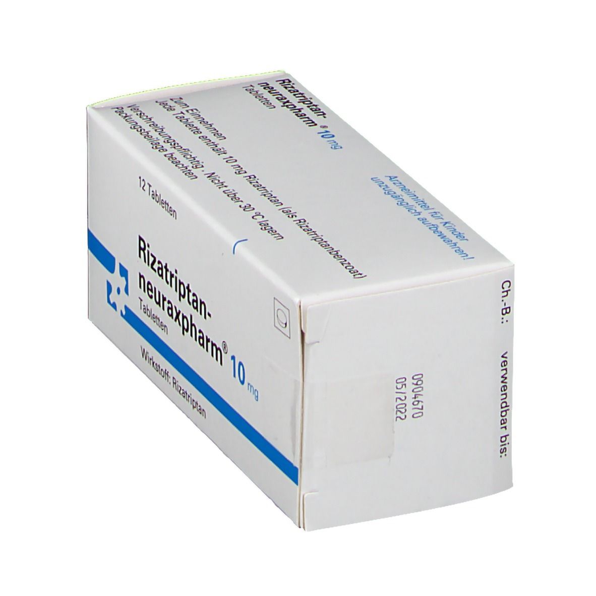 Schachtel mit blauer Schrift. Aufschrift: Rizatriptan-neuraxpharm 10 mg, 12 Tabletten. Verwendbar bis 05/2022.