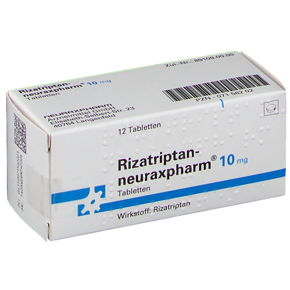 Weiße Schachtel mit blauer Schrift. Aufschrift: Rizatriptan-neuraxpharm 10 mg, 12 Tabletten. Wirkstoff: Rizatriptan.