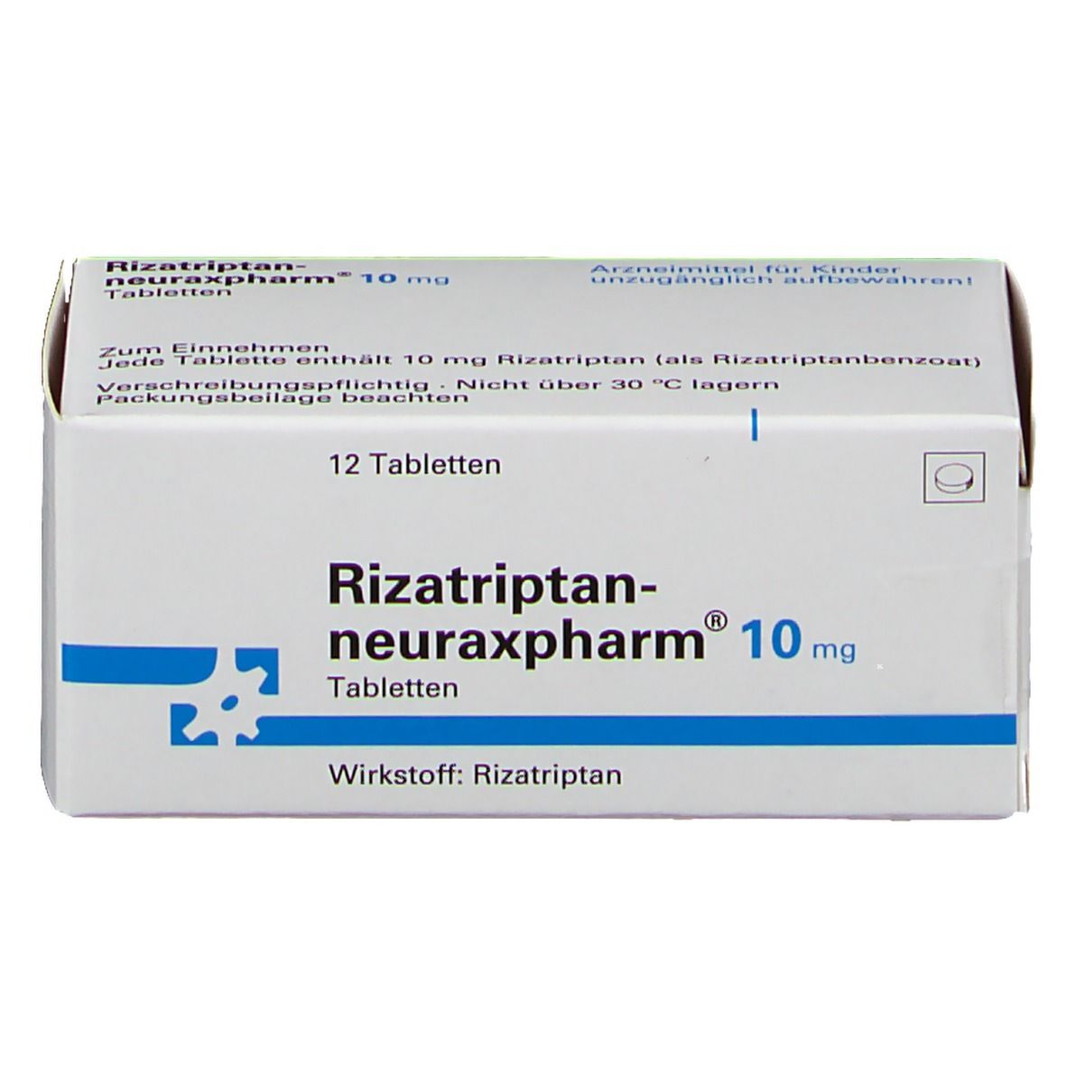 Weiße Schachtel mit blauer Schrift. Aufschrift: Rizatriptan-neuraxpharm 10 mg, 12 Tabletten. Wirkstoff: Rizatriptan.