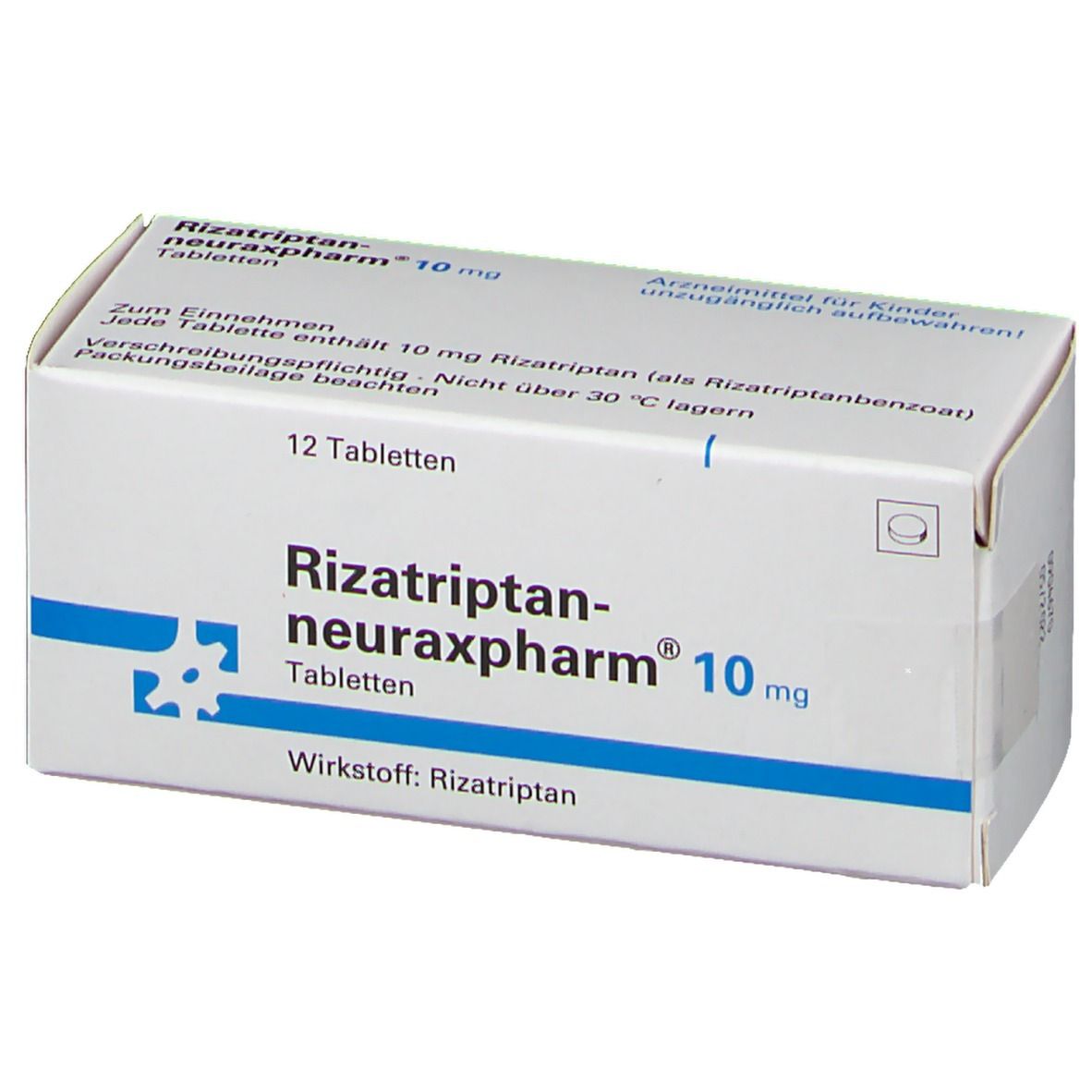 Weiße Schachtel mit blauer Schrift. Aufschrift: Rizatriptan-neuraxpharm 10 mg, 12 Tabletten. Wirkstoff: Rizatriptan.