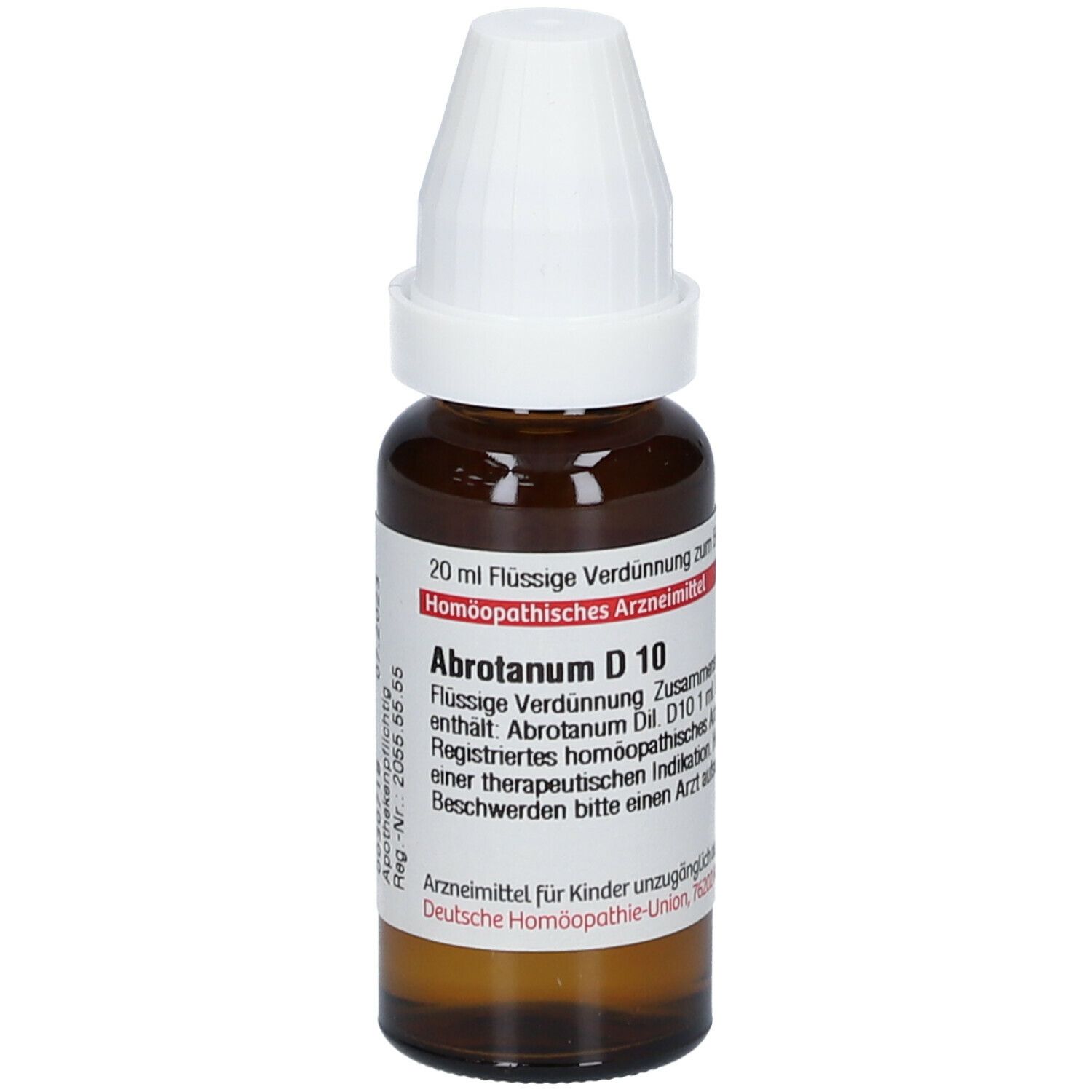 Braune Glasflasche mit weißem Schraubverschluss. Etikett mit Produktinformationen: Abrotanum D 10, 20 ml flüssige Verdünnung.