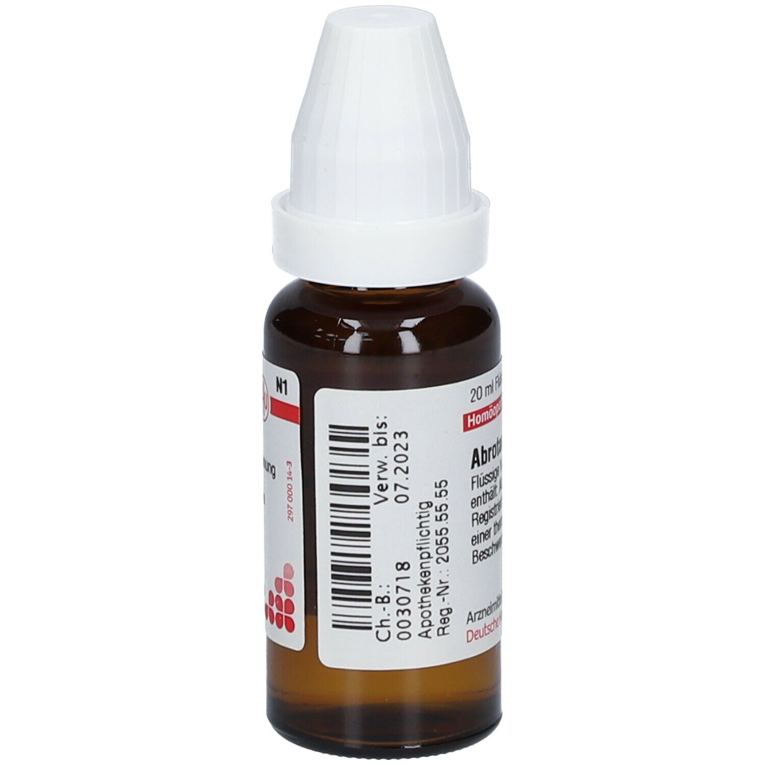 Braune Glasflasche mit weißem Verschluss. Etikett mit Produktinformationen, u.a. Abrotanum D 10, Chargen-Nr. und Verfallsdatum 07.2023.