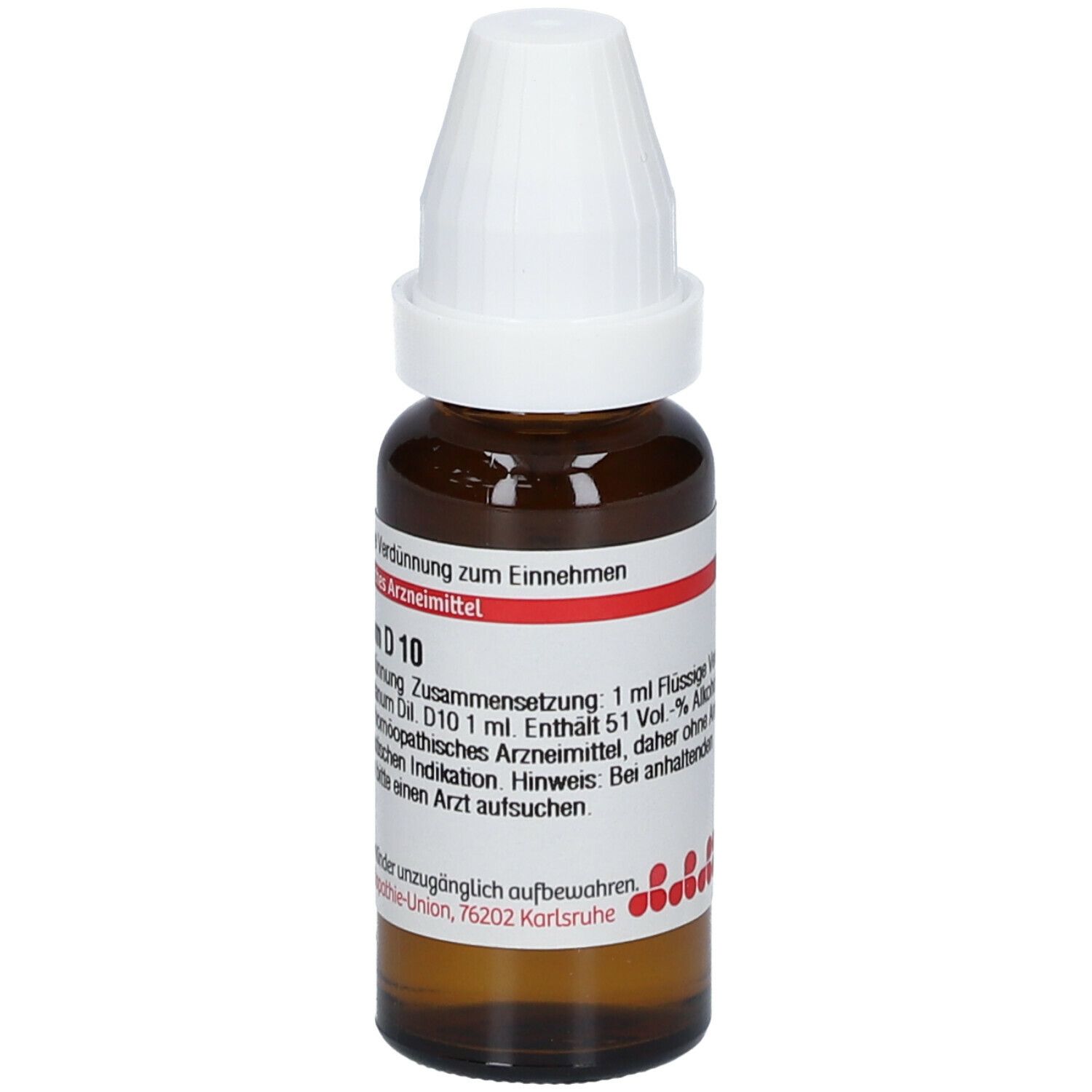 Braune Glasflasche mit weißem Verschluss. Etikett mit Produktinformationen: Abrotanum D 10, 20 ml flüssige Verdünnung.