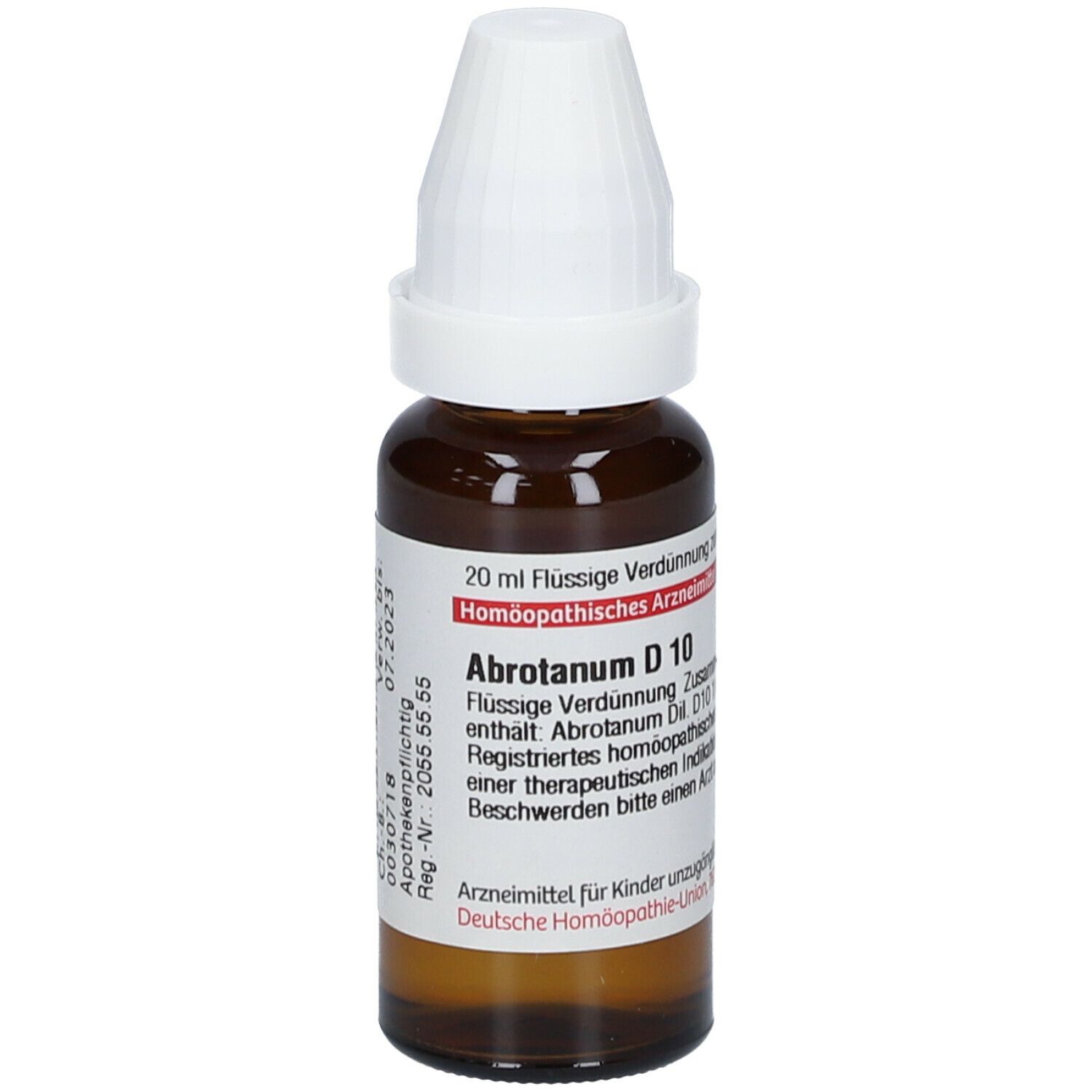 Braune Glasflasche mit weißem Verschluss. Etikett mit Produktinformationen: Abrotanum D 10, 20 ml flüssige Verdünnung.