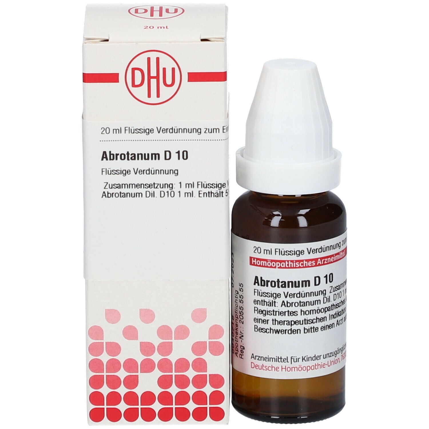 Braune Glasflasche mit weißem Verschluss und Kartonverpackung. Auf der Verpackung: DHU Logo, Abrotanum D 10, 20 ml.