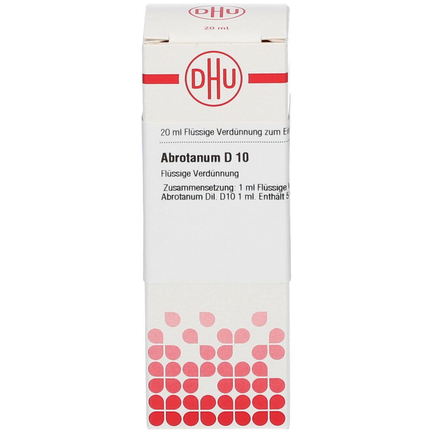 Weiße Kartonverpackung mit DHU Logo und Produktinformationen: Abrotanum D 10, 20 ml flüssige Verdünnung.
