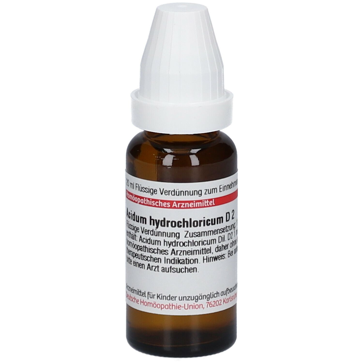 Braune Glasflasche mit weißem Verschluss. Beschriftung: Acidum hydrochloricum D2. Homöopathisches Arzneimittel.