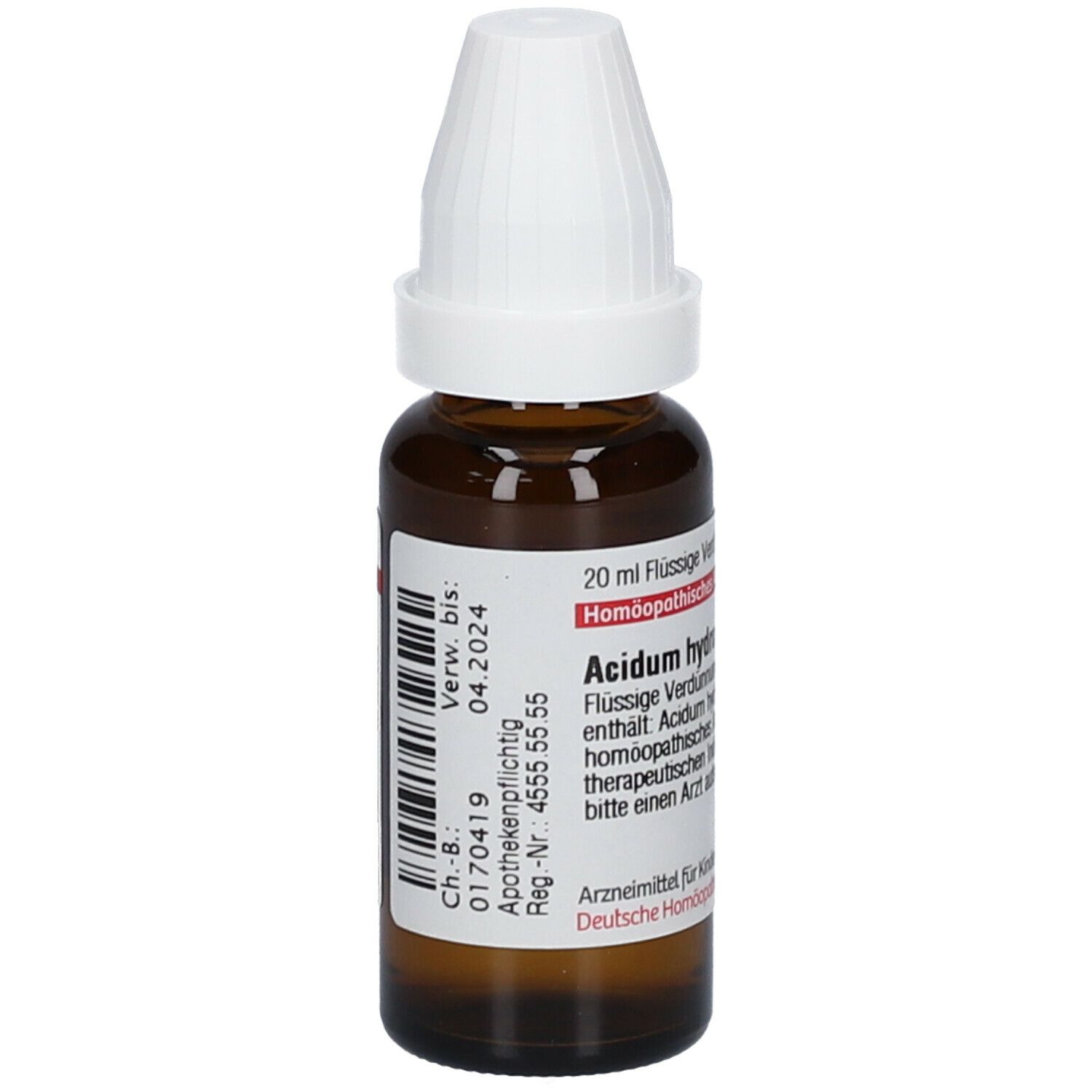 Braune Glasflasche mit weißem Verschluss. Beschriftung: Acidum hydrochloricum D2. Barcode und Verfallsdatum.