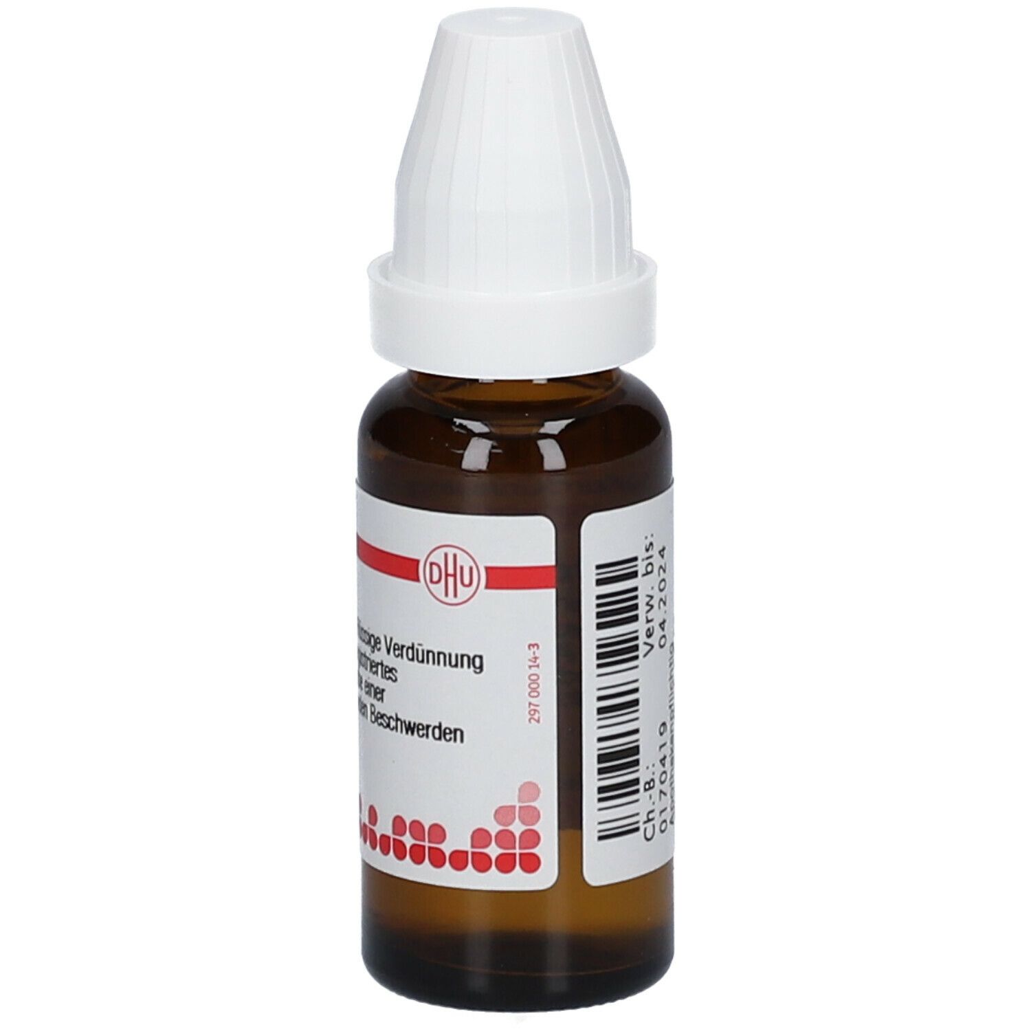 Braune Glasflasche mit weißem Verschluss. Beschriftung: DHU, Acidum hydrochloricum D2. Etikett mit Barcode.