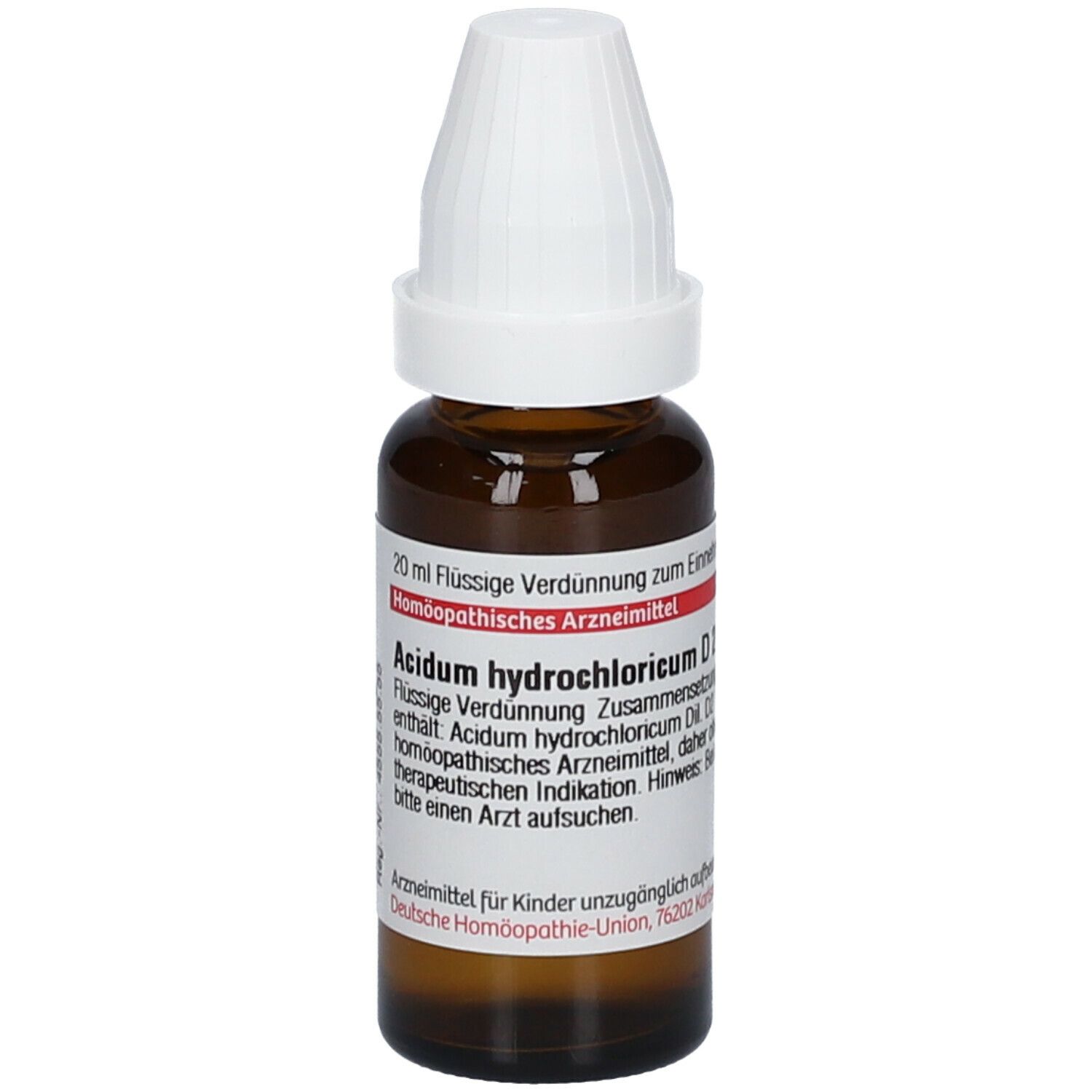 Braune Glasflasche mit weißem Verschluss. Beschriftung: Acidum hydrochloricum D2. Homöopathisches Arzneimittel.
