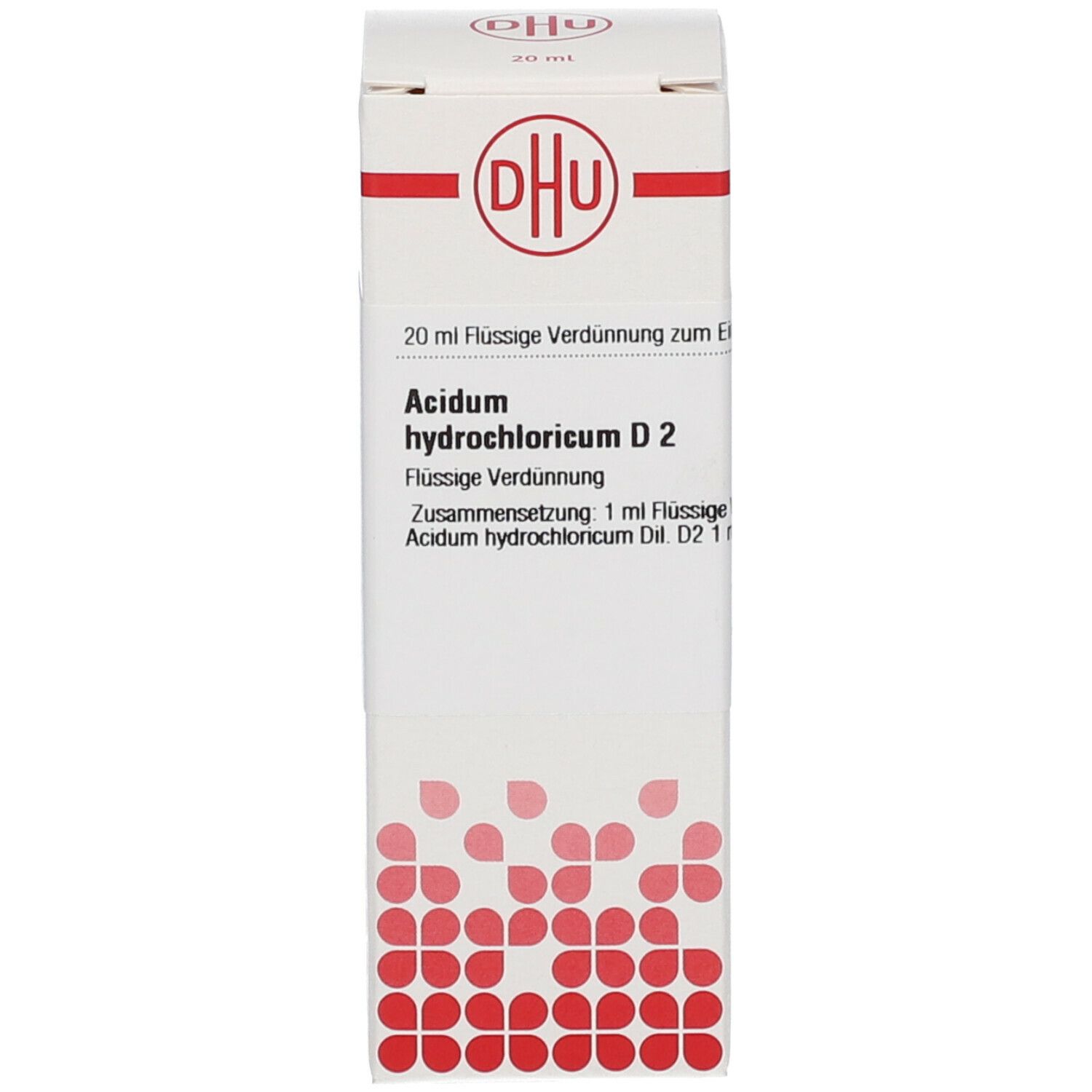 Weiße Schachtel mit rotem Logo DHU. Beschriftung: Acidum hydrochloricum D2. Homöopathisches Arzneimittel.