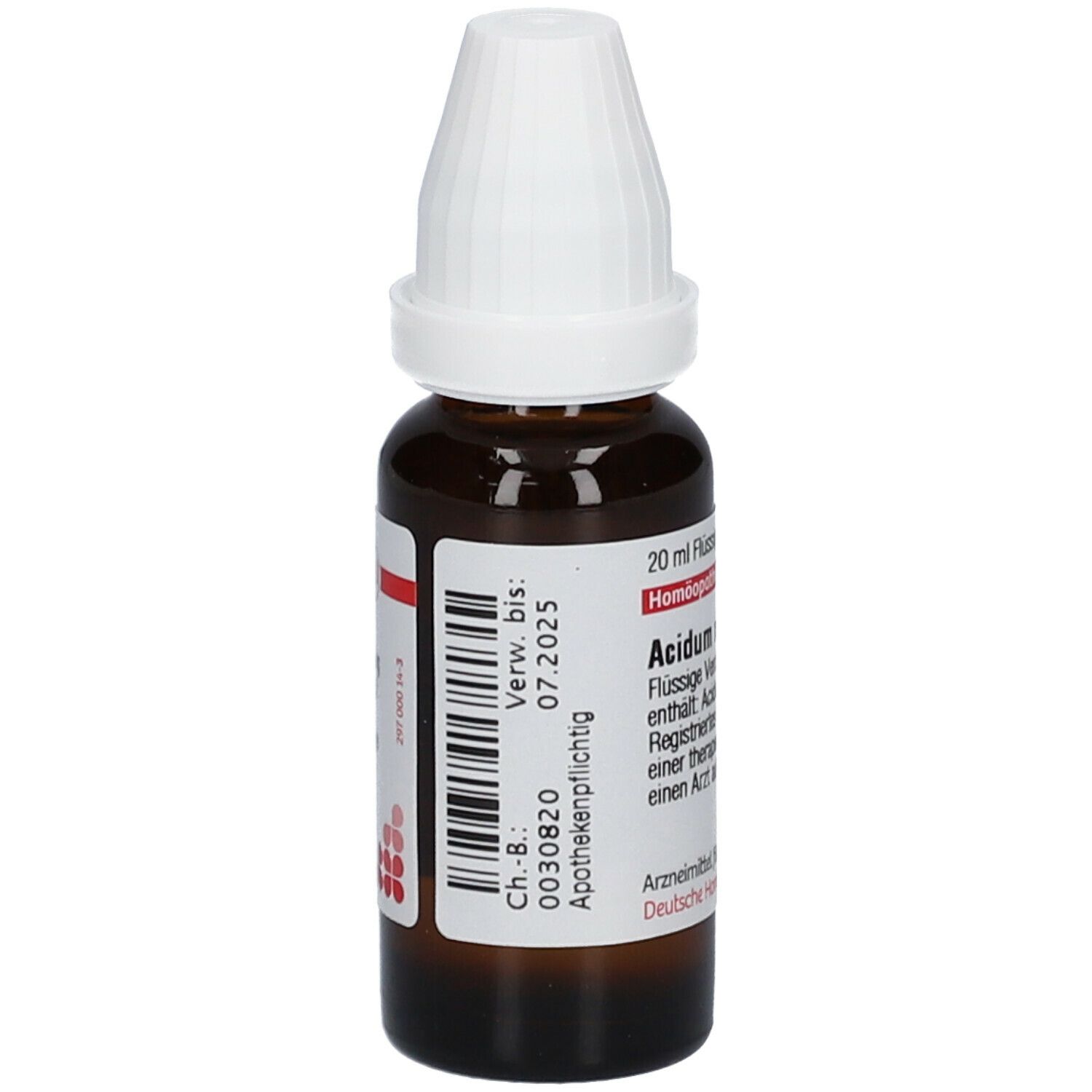 Braune Glasflasche mit weißem Verschluss. Aufkleber mit Informationen. Verfallsdatum: 07.2025. Apothekenpflichtig.