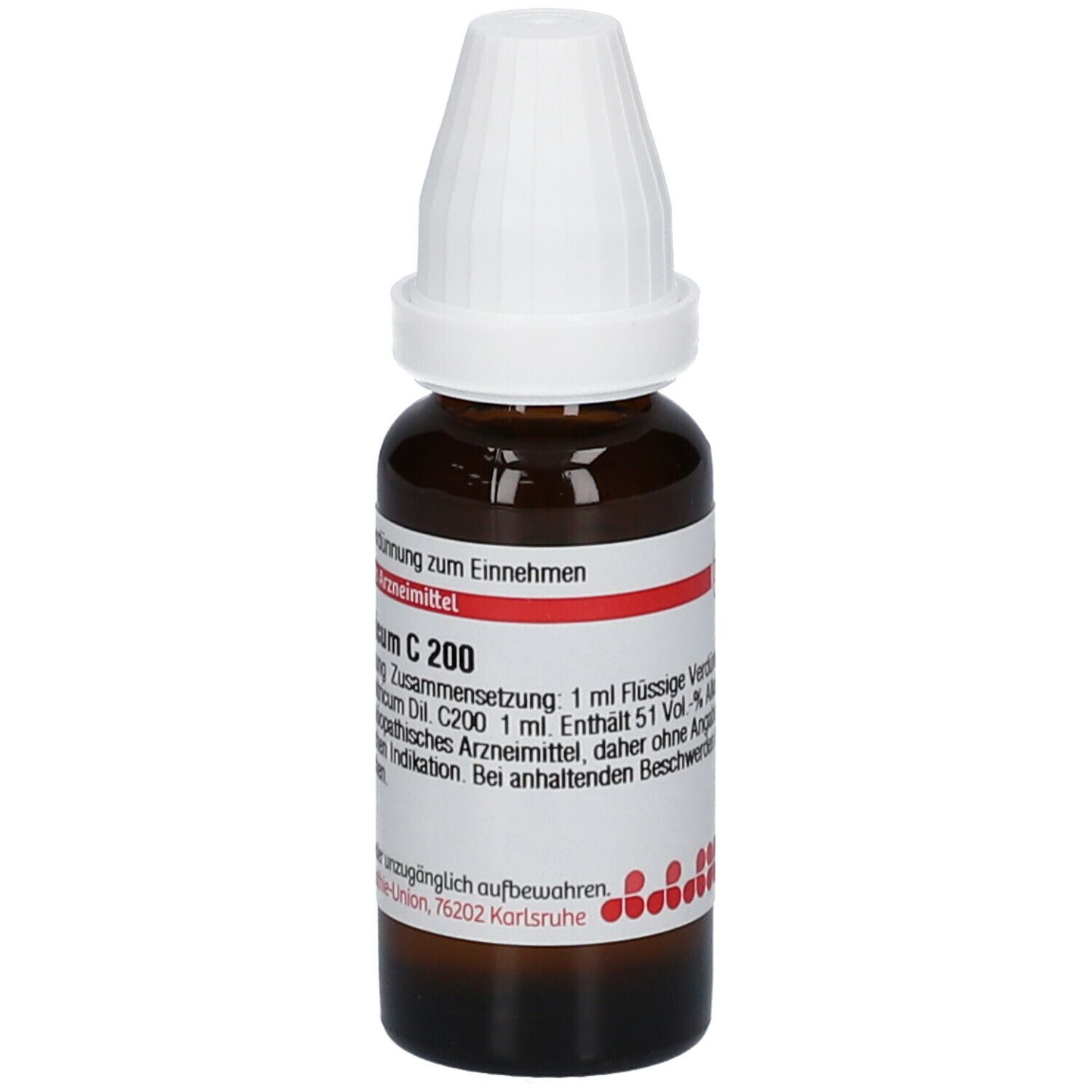 Braune Glasflasche mit weißem Verschluss. Aufschrift: Acidum C 200. Homöopathisches Arzneimittel. Zum Einnehmen.