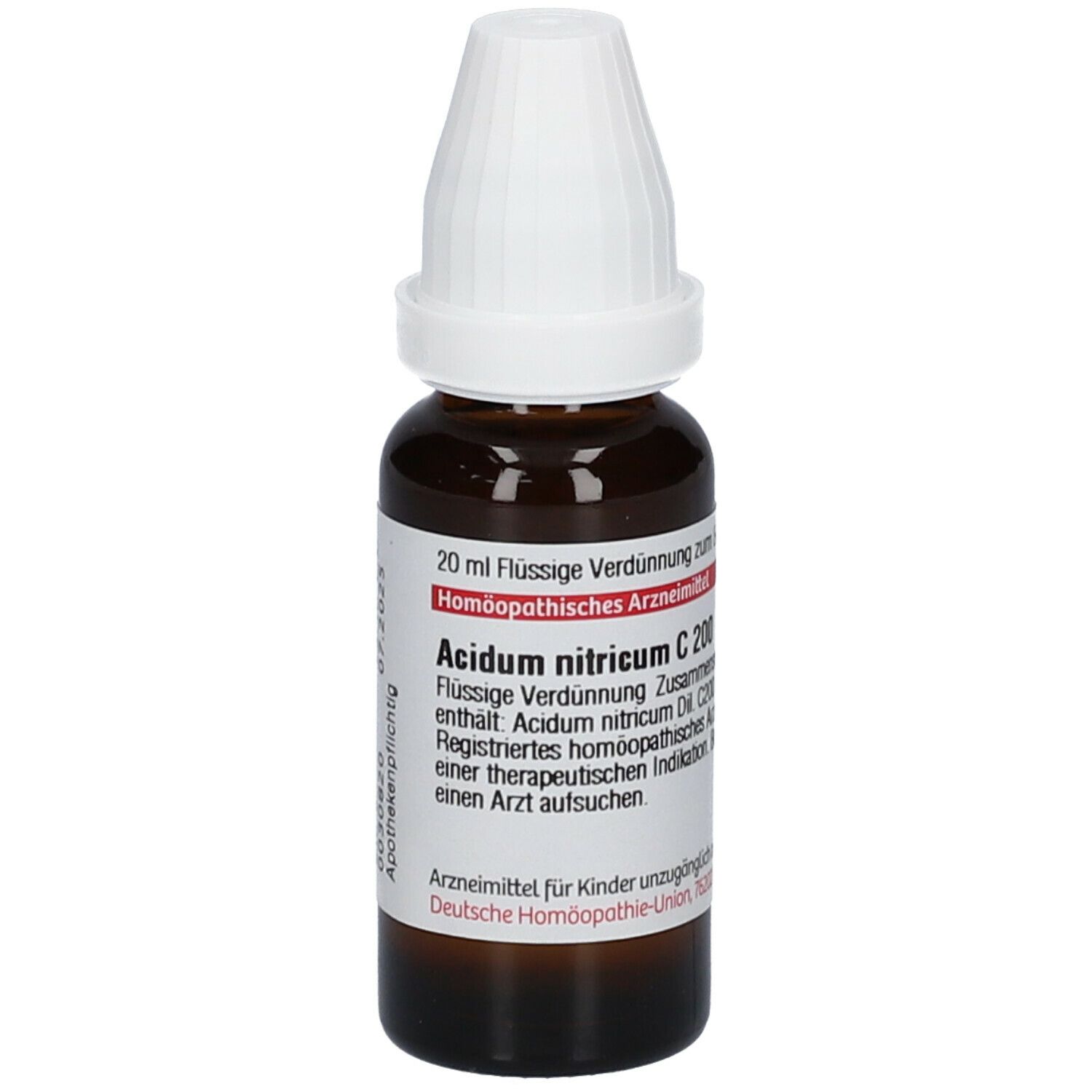 Braune Glasflasche mit weißem Verschluss. Aufschrift: Acidum nitricum C 200. Homöopathisches Arzneimittel. 20 ml.