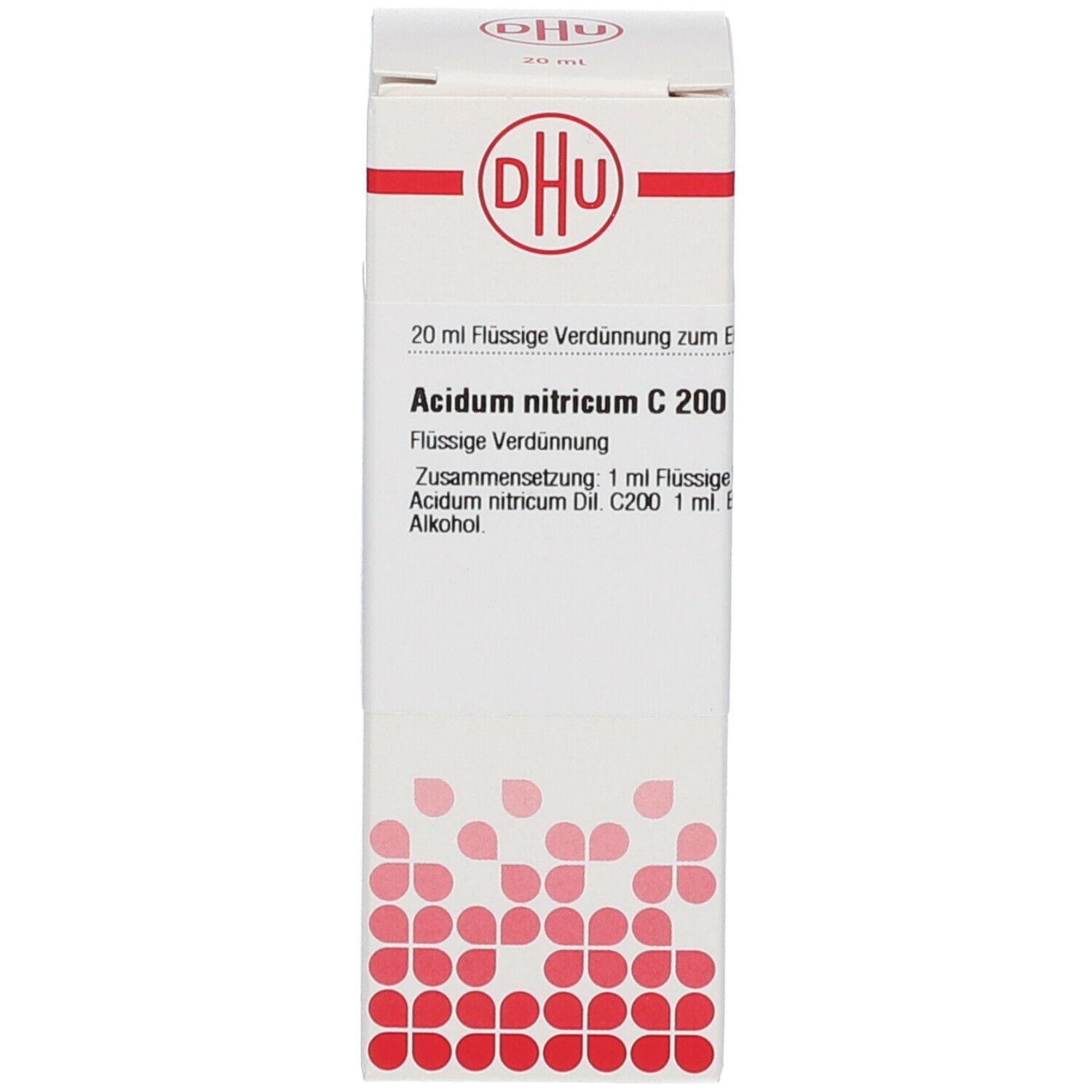Verpackung. Aufschrift: DHU. Acidum nitricum C 200. Homöopathisches Arzneimittel. 20 ml. Rote und weiße Elemente.