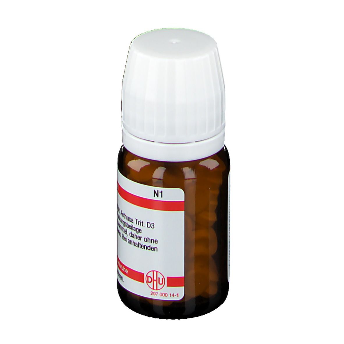 Braune Glasflasche mit weißem Deckel. Etikett mit Text: Aethusa D 3, N1. Deutsche Homöopathie-Union.
