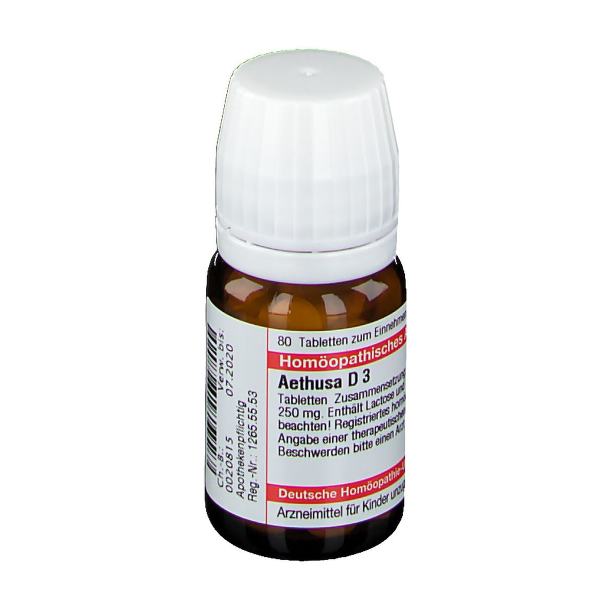 Braune Glasflasche mit weißem Deckel. Etikett mit Text: Aethusa D 3, 80 Tabletten. Deutsche Homöopathie-Union.