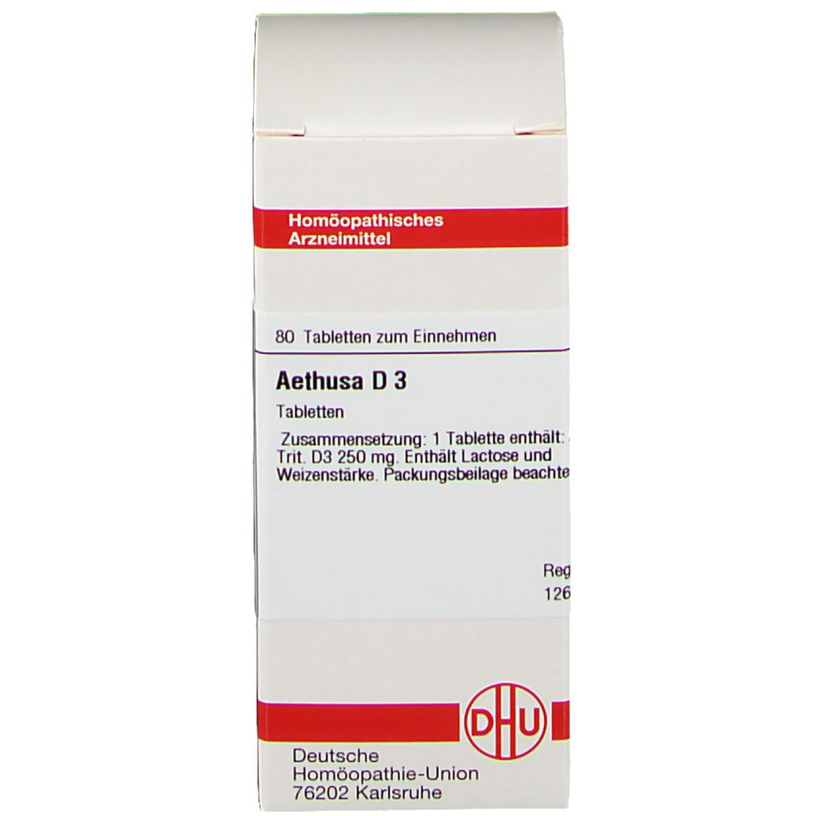 Weiße Schachtel mit roter Schrift: Homöopathisches Arzneimittel. Text: Aethusa D 3, 80 Tabletten. DHU Logo.
