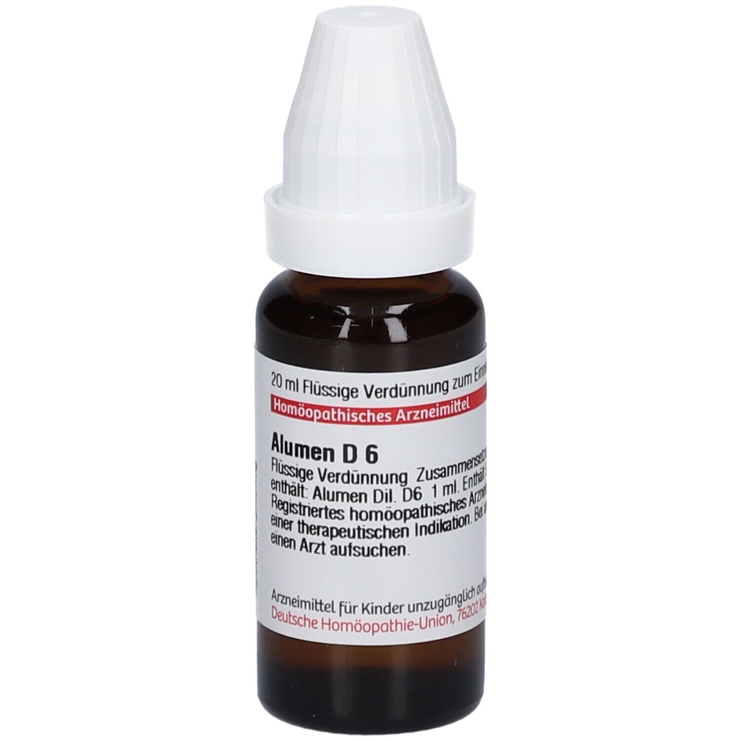Braune Glasflasche mit weißem Verschluss. Etikett mit Produktinformationen: Alumen D 6, 20 ml Flüssige Verdünnung.