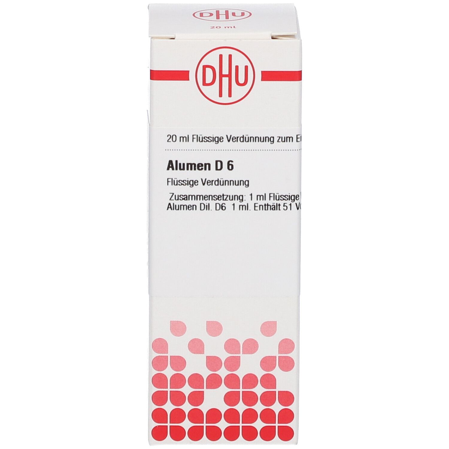 Weiße Verpackung mit DHU-Logo und Produktinformationen: Alumen D 6, 20 ml Flüssige Verdünnung.