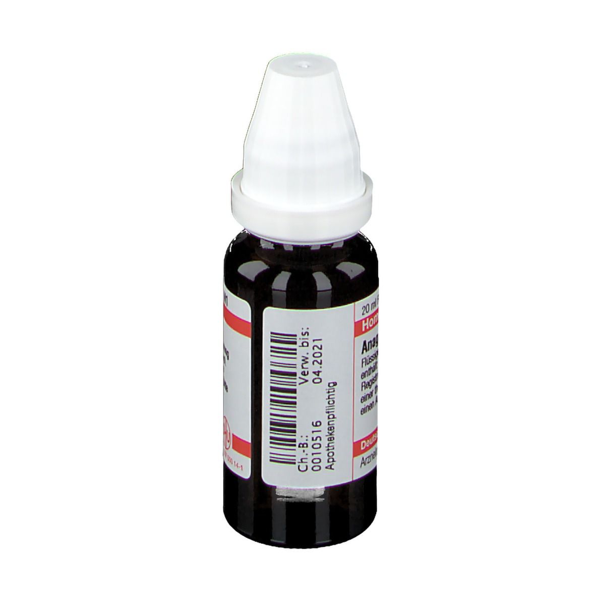 Braune Tropfflasche mit weißem Verschluss. Etikett mit Produktinformationen und Barcode. Homöopathisches Arzneimittel.