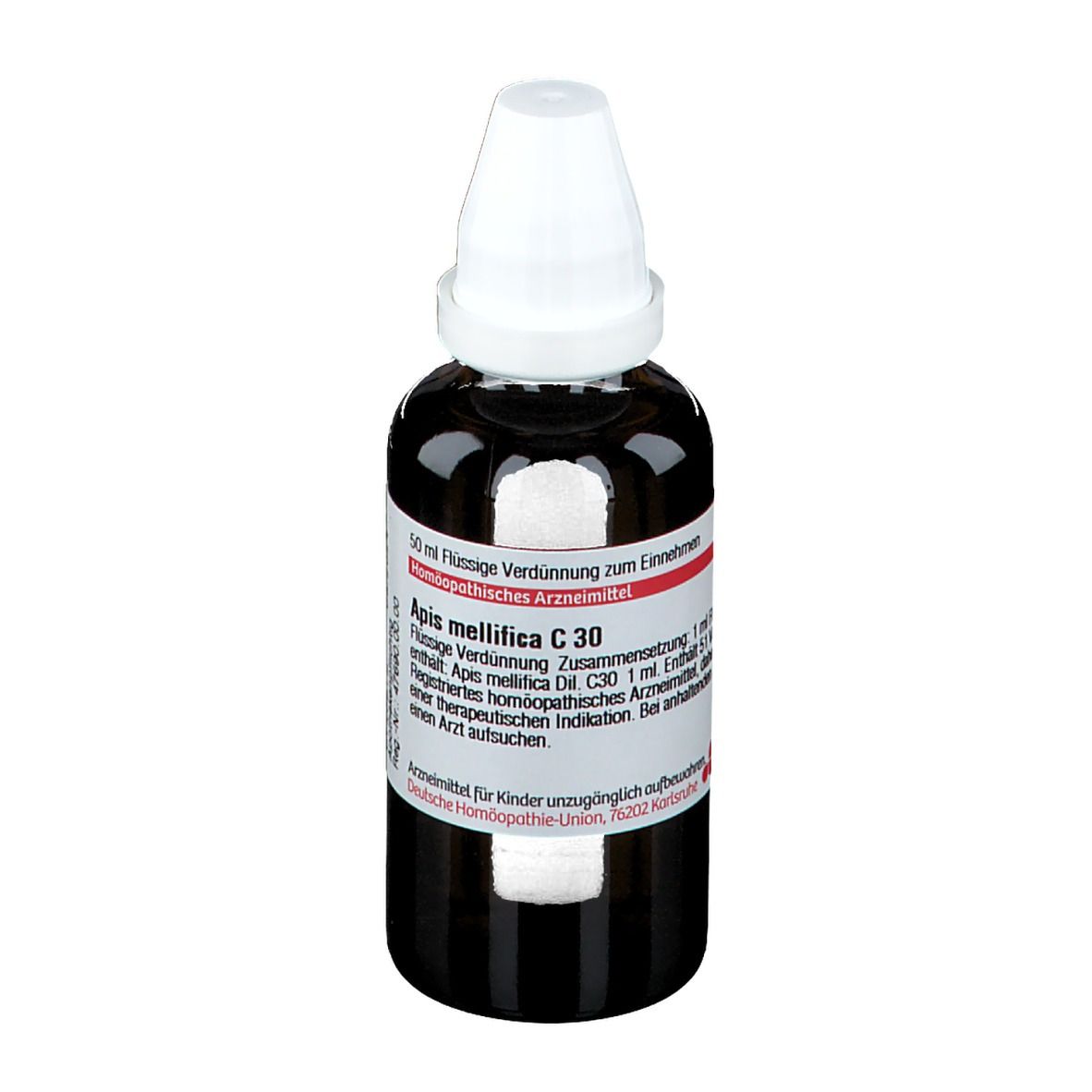 Braune Glasflasche mit weißem Verschluss. Etikett mit Text: Apis mellifica C30. Homöopathisches Arzneimittel.