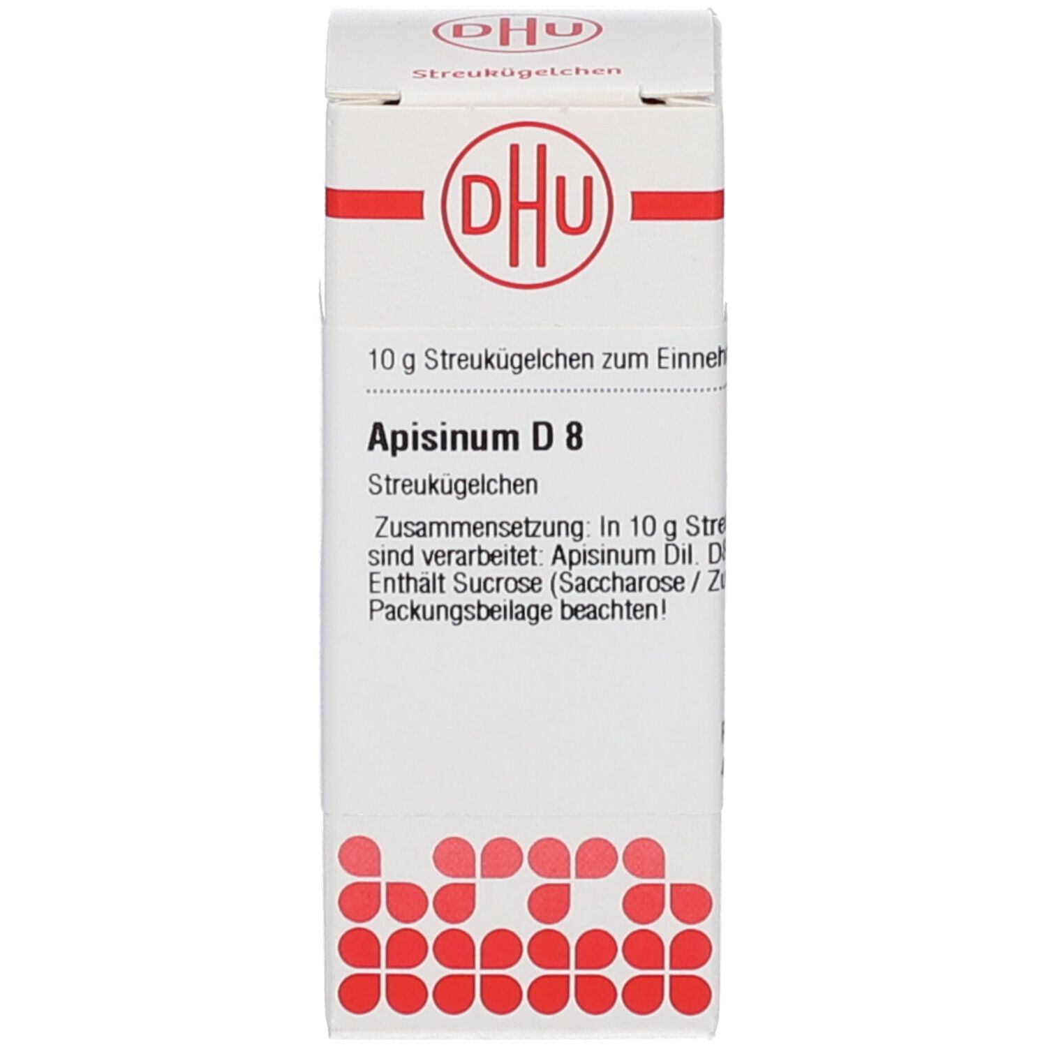 Weiße Schachtel mit Beschriftung: Apisinum D8, 10 g Streukügelchen. DHU Logo. Homöopathisches Arzneimittel.
