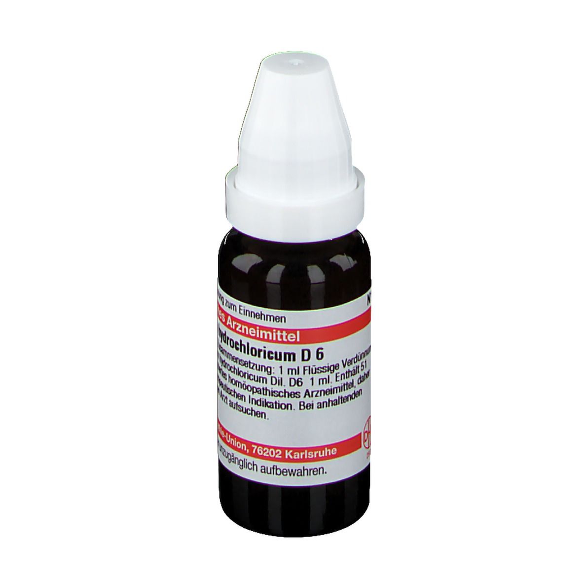 Braune Flüssigkeit in einer Tropfflasche mit weißem Verschluss. Etikett mit Produktinformationen. DHU Apomorphinum hydrochloricum D6.