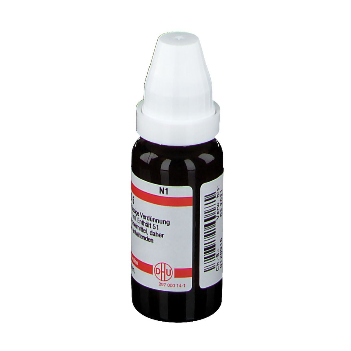 Braune Flüssigkeit in einer Tropfflasche mit weißem Verschluss. Etikett mit Produktinformationen. DHU. Barcode.