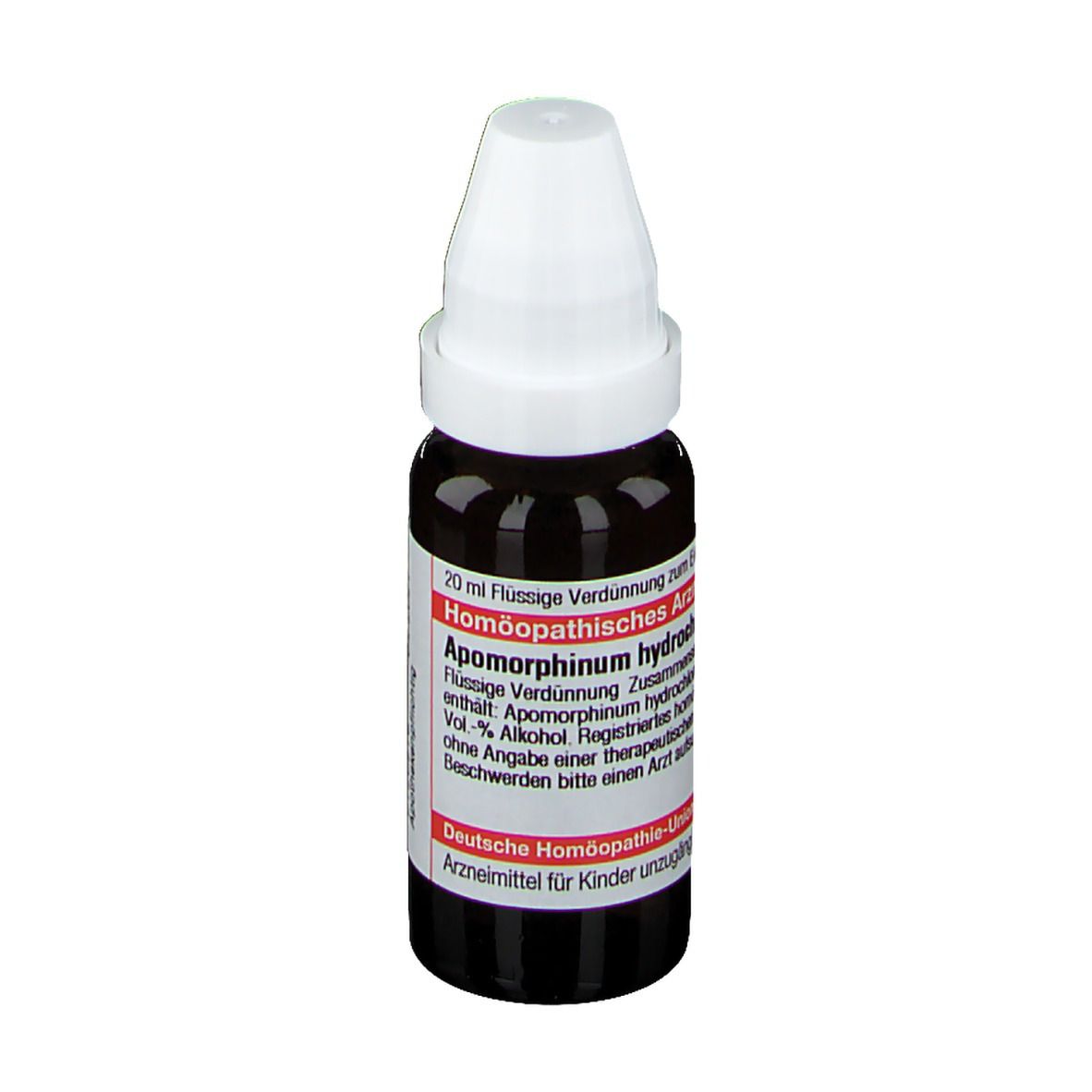 Braune Flüssigkeit in einer Tropfflasche mit weißem Verschluss. Etikett mit Produktinformationen. DHU Apomorphinum hydrochloricum.