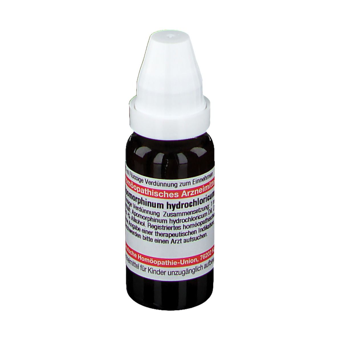Braune Flüssigkeit in einer Tropfflasche mit weißem Verschluss. Etikett mit Produktinformationen. DHU Apomorphinum hydrochloricum.